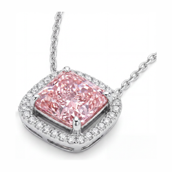Rosa Diamant Halskette, 4,5 Karat, im Labor gezüchtet, Radiantschliff, Halo, Pavé, Kathedralen-Anhänger, 14 Karat Weißgold