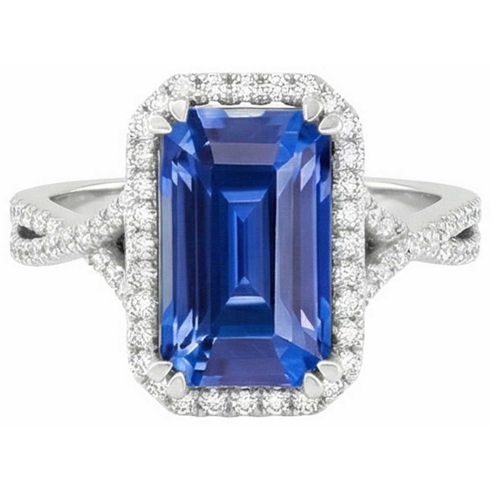 4 Karat Halo Smaragd Sri Lanka Saphir & Natürlicher Diamant ( nicht im Labor gezüchtet ) Ring Gold