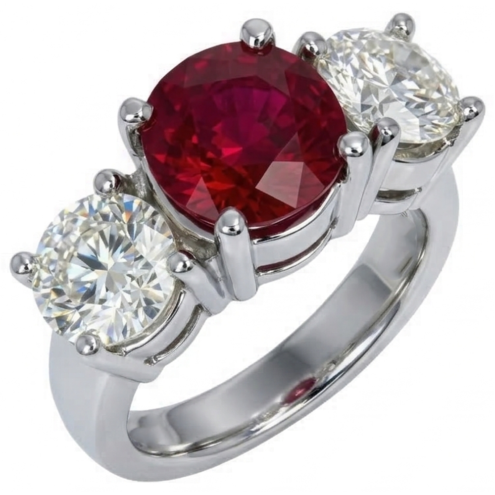4 Karat Rubin und Runder Diamant 3 Stein Ring Weiß Gold Damenschmuck