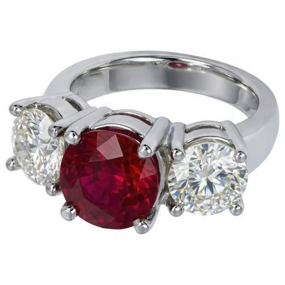 4 Karat Rubin und Runder Diamant 3 Stein Ring Weiß Gold Damenschmuck
