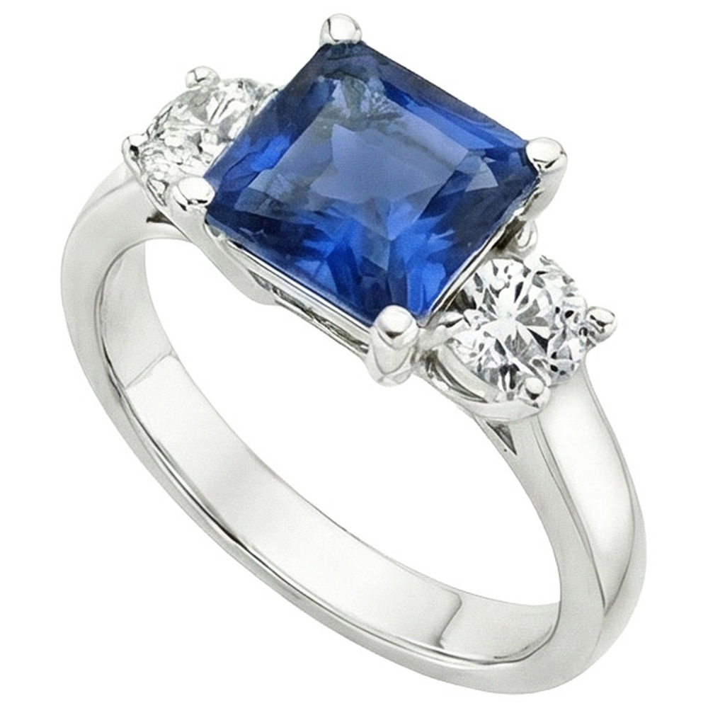 4 Karat blauer Ceylon Saphir & runder Diamant 3 Stein Ring Gold 14K