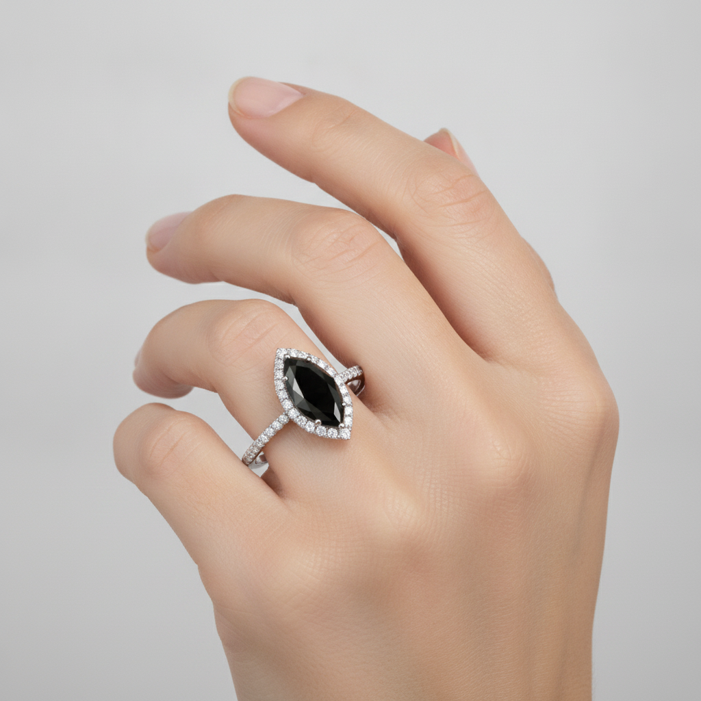 Ehering mit echtem schwarzem Diamanten 4 Karat Marquise Halo 14 Karat Weißgold