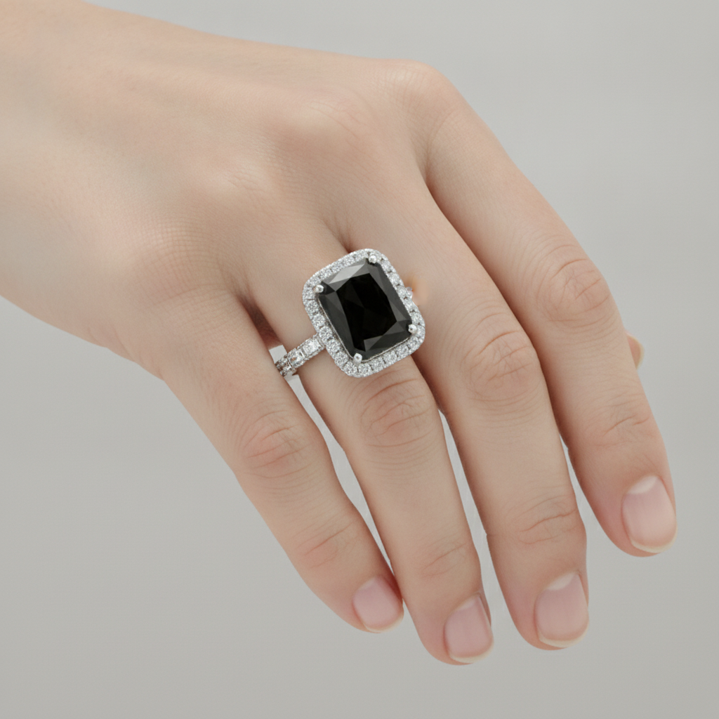 Damenring mit natürlichem schwarzem Diamanten 7 Karat Radiant-Schliff Halo 14 Karat Weißgold