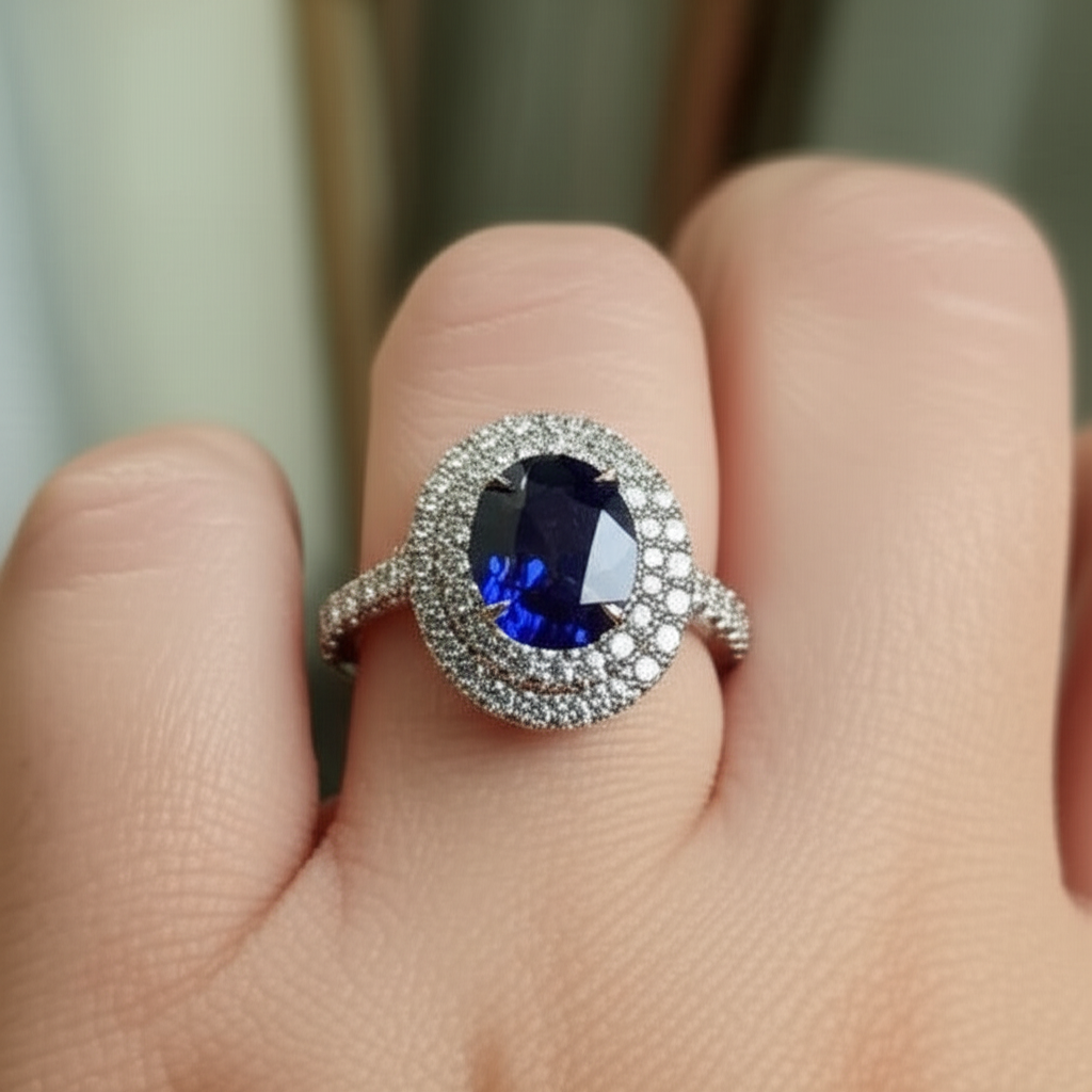 4,25 Karat Solitär mit Akzent Saphir Diamanten Ring Weißgold