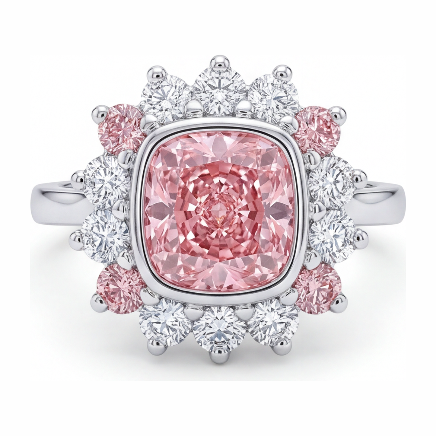 Halo-Ring im Kissenschliff mit im Labor gezüchtetem pinkfarbenem Diamanten, 5,5 Karat, 14 Karat Weißgold