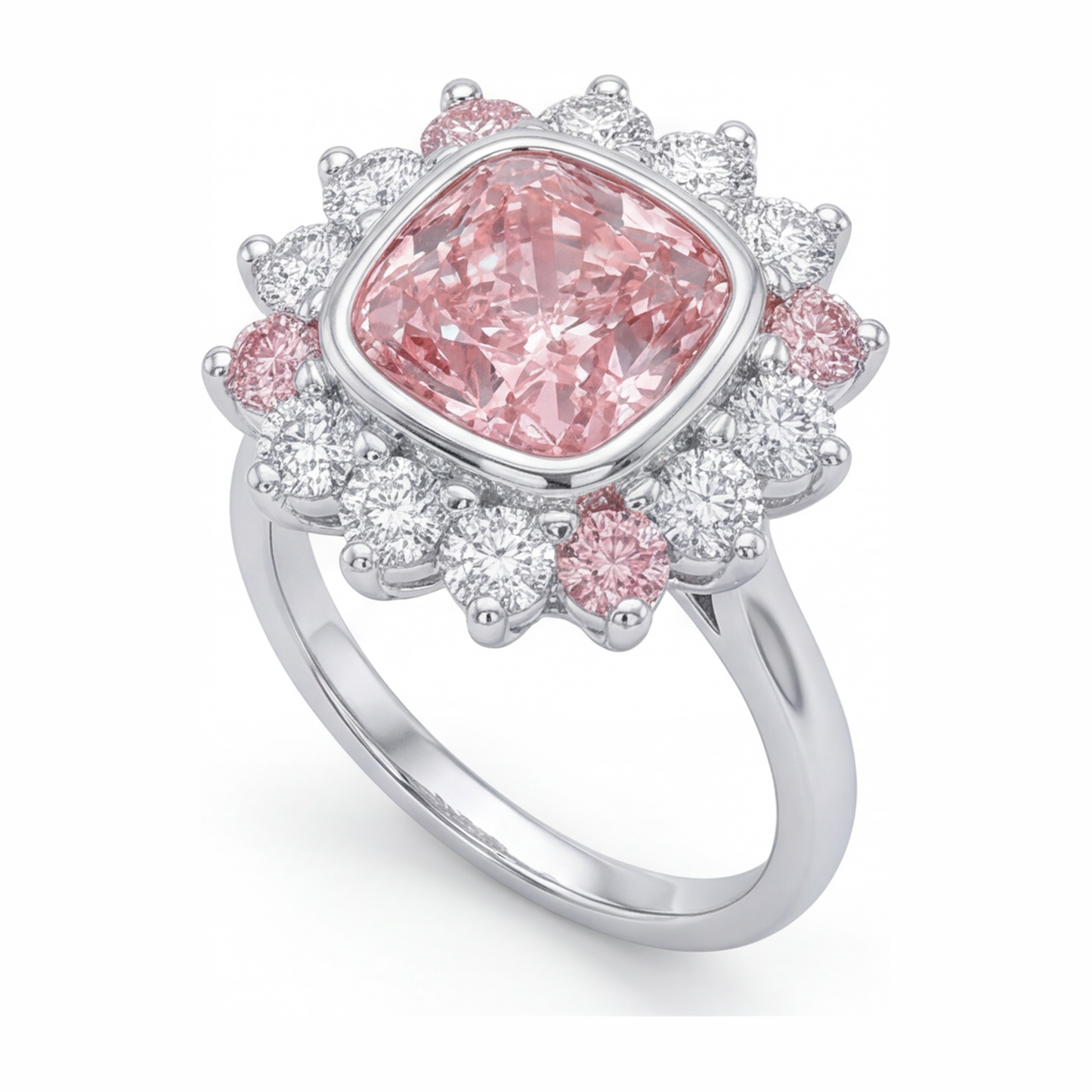 Halo-Ring im Kissenschliff mit im Labor gezüchtetem pinkfarbenem Diamanten, 5,5 Karat, 14 Karat Weißgold
