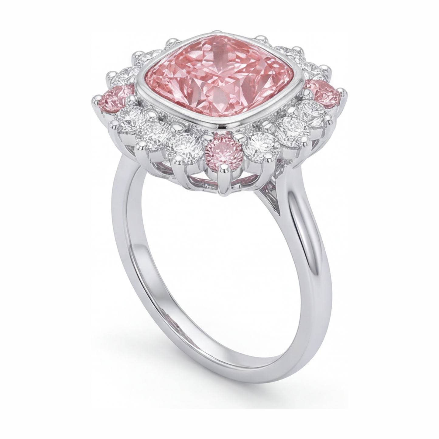 Halo-Ring im Kissenschliff mit im Labor gezüchtetem pinkfarbenem Diamanten, 5,5 Karat, 14 Karat Weißgold