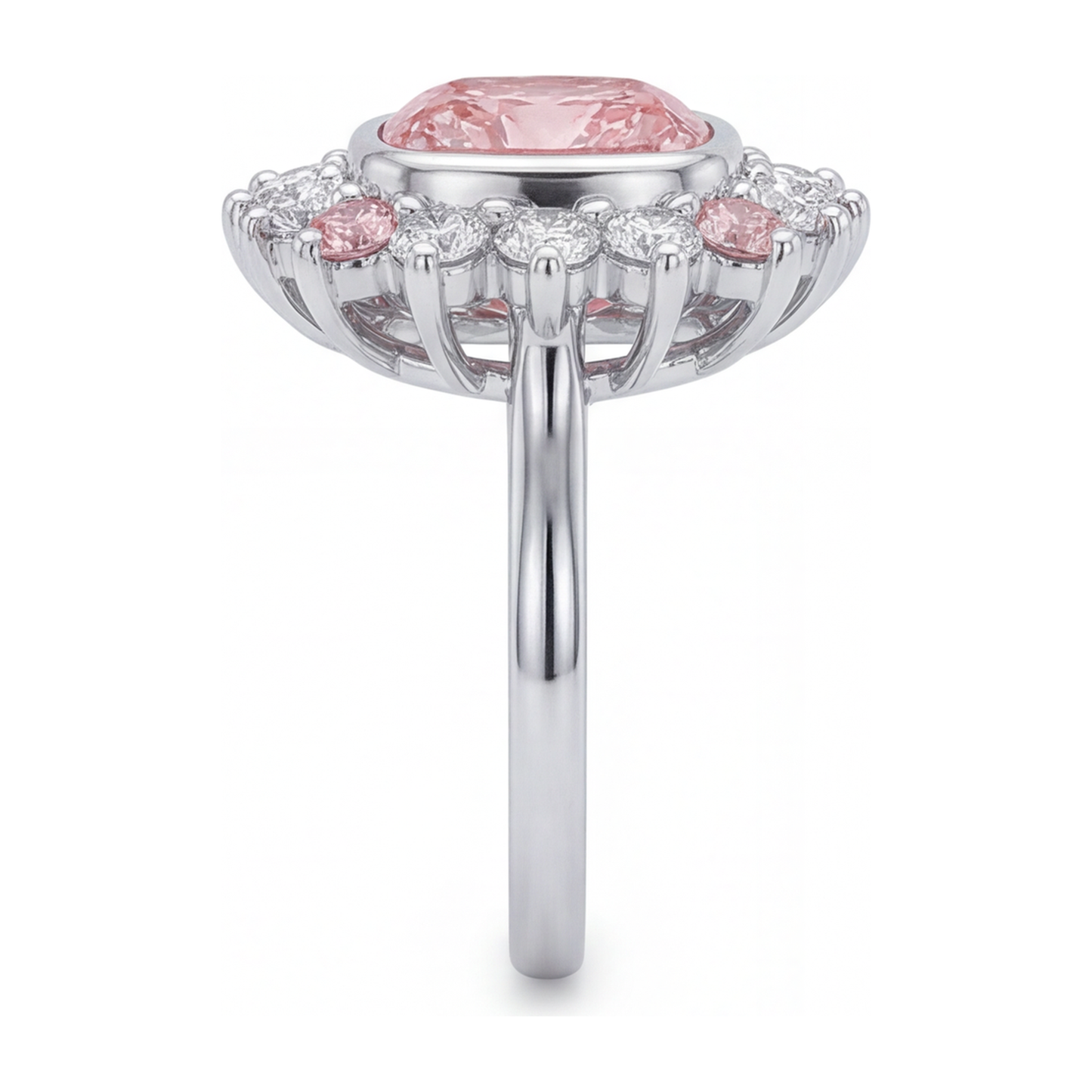 Halo-Ring im Kissenschliff mit im Labor gezüchtetem pinkfarbenem Diamanten, 5,5 Karat, 14 Karat Weißgold