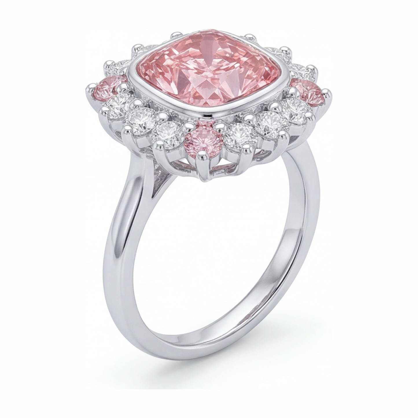 Halo-Ring im Kissenschliff mit im Labor gezüchtetem pinkfarbenem Diamanten, 5,5 Karat, 14 Karat Weißgold