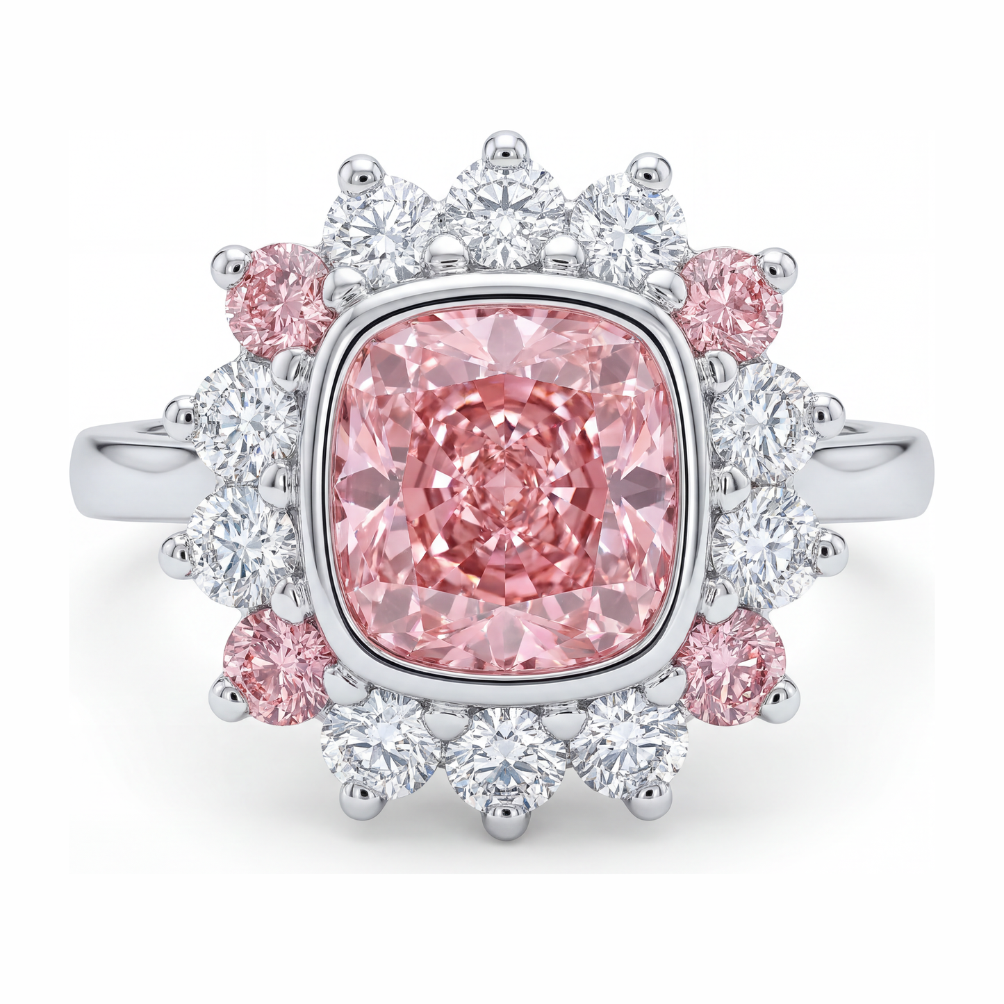 Halo-Ring im Kissenschliff mit im Labor gezüchtetem pinkfarbenem Diamanten, 5,5 Karat, 14 Karat Weißgold