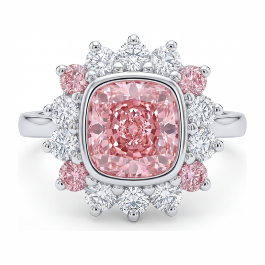 Halo-Ring im Kissenschliff mit im Labor gezüchtetem pinkfarbenem Diamanten, 5,5 Karat, 14 Karat Weißgold