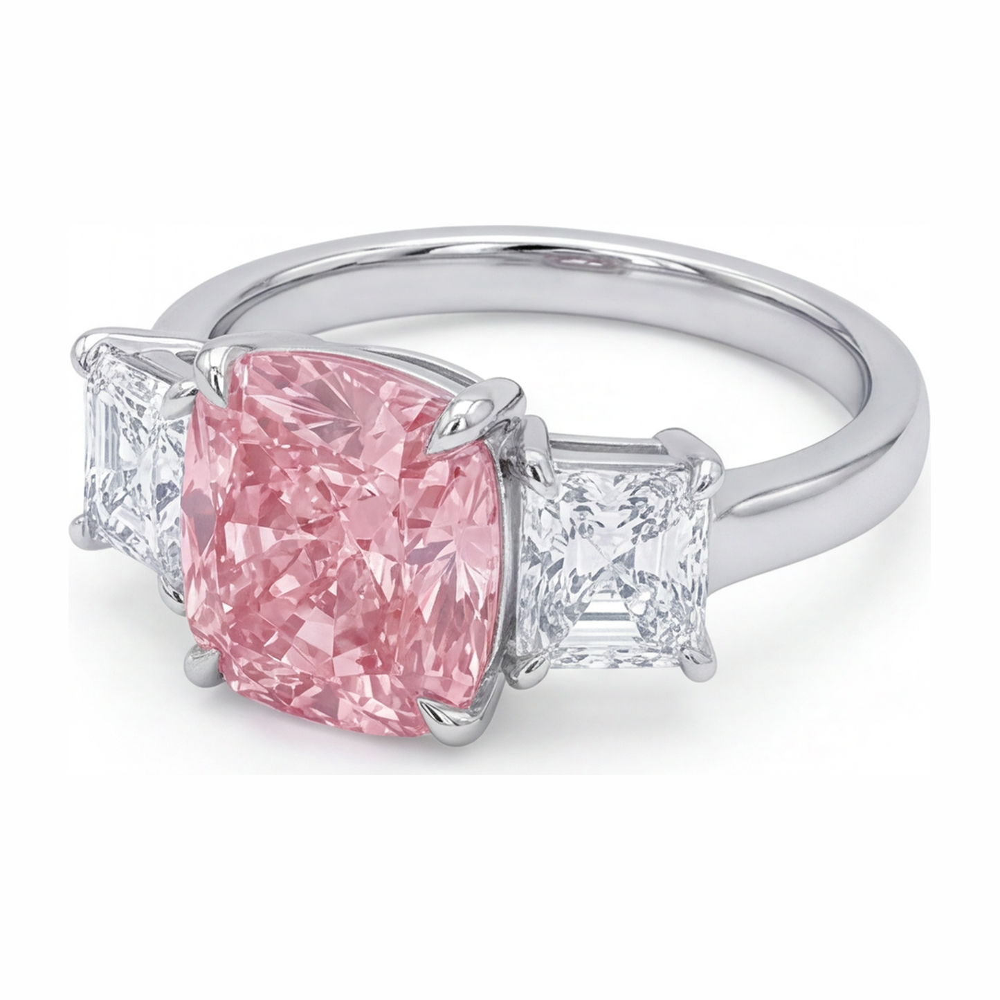 Rosa Verlobungsring 5,5 Karat im Labor gezüchteter Diamant im Kissenschliff Dreistein 14 Karat Weißgold