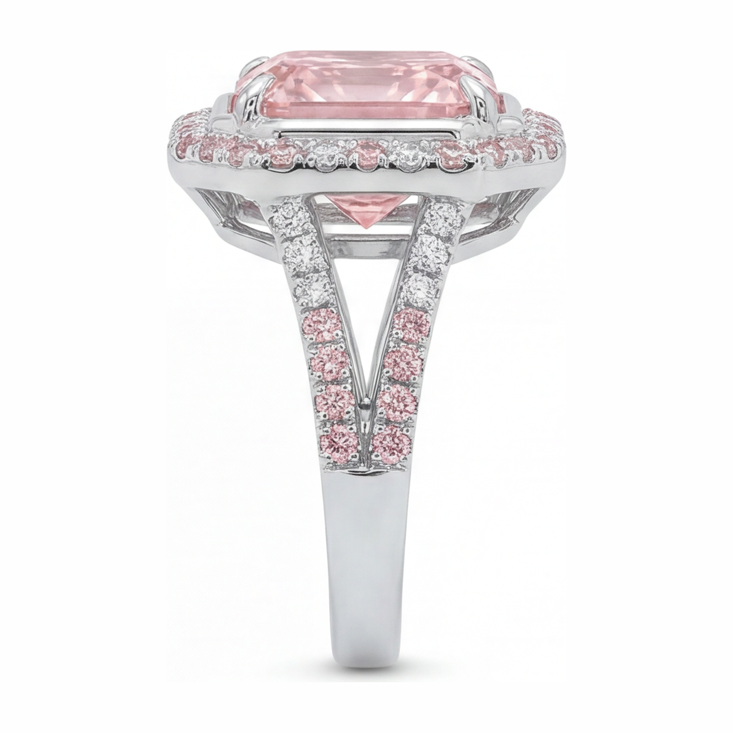 Rosa Verlobungsring, 5,5 Karat, im Labor gezüchteter Diamant im Radiant-Schliff, Halo, geteilte Ringschiene, 14 Karat Weißgold