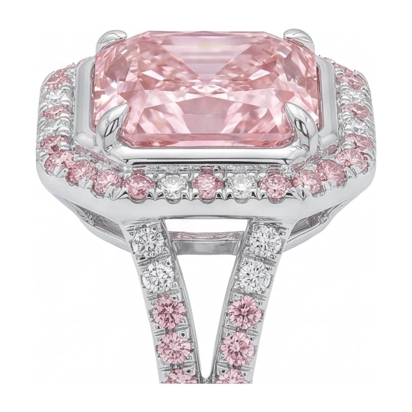 Rosa Verlobungsring, 5,5 Karat, im Labor gezüchteter Diamant im Radiant-Schliff, Halo, geteilte Ringschiene, 14 Karat Weißgold