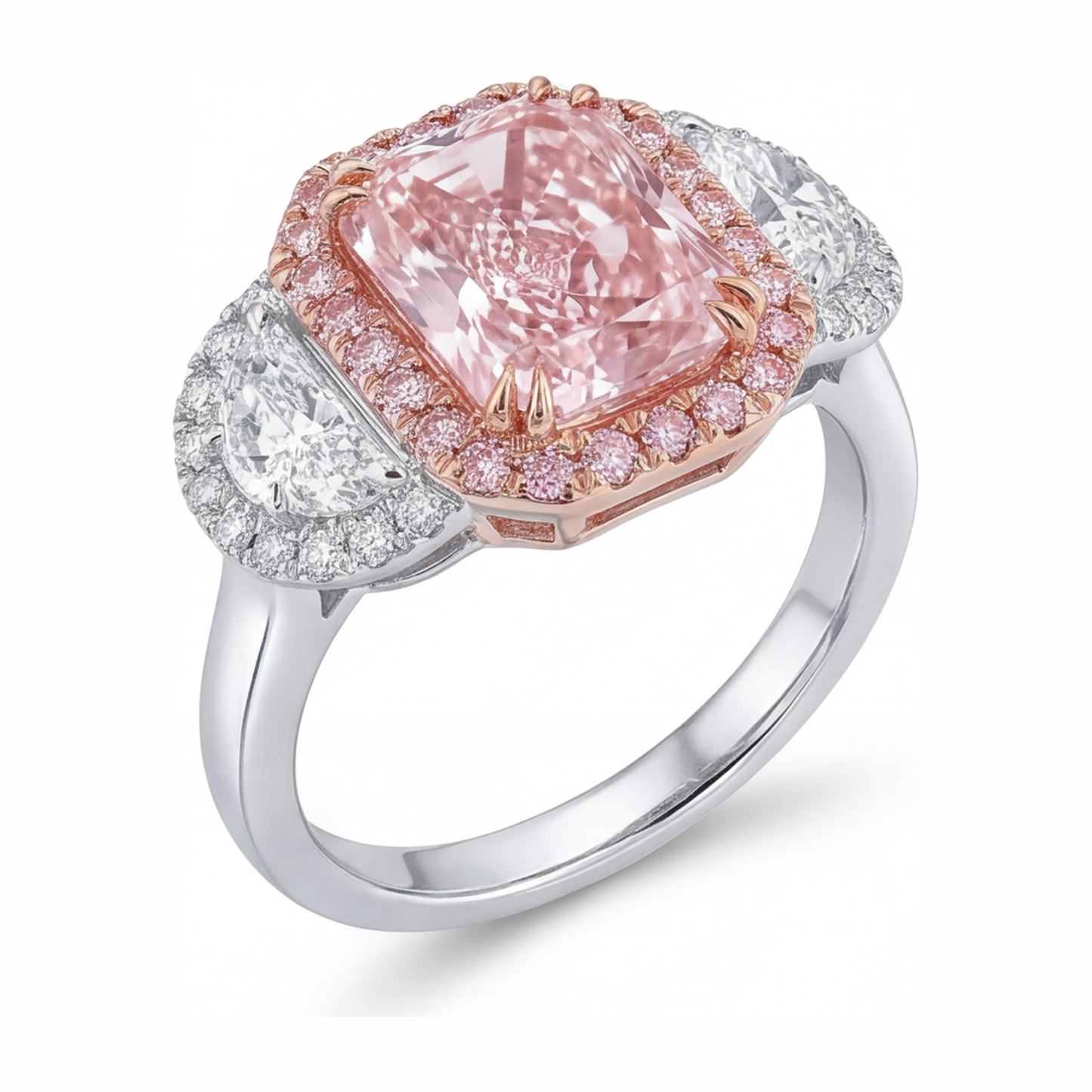 Verlobungsring mit rosa Diamant 5,5 Karat im Labor gezüchtet Radiant-Schliff Halo schlicht 14 Karat Weißgold