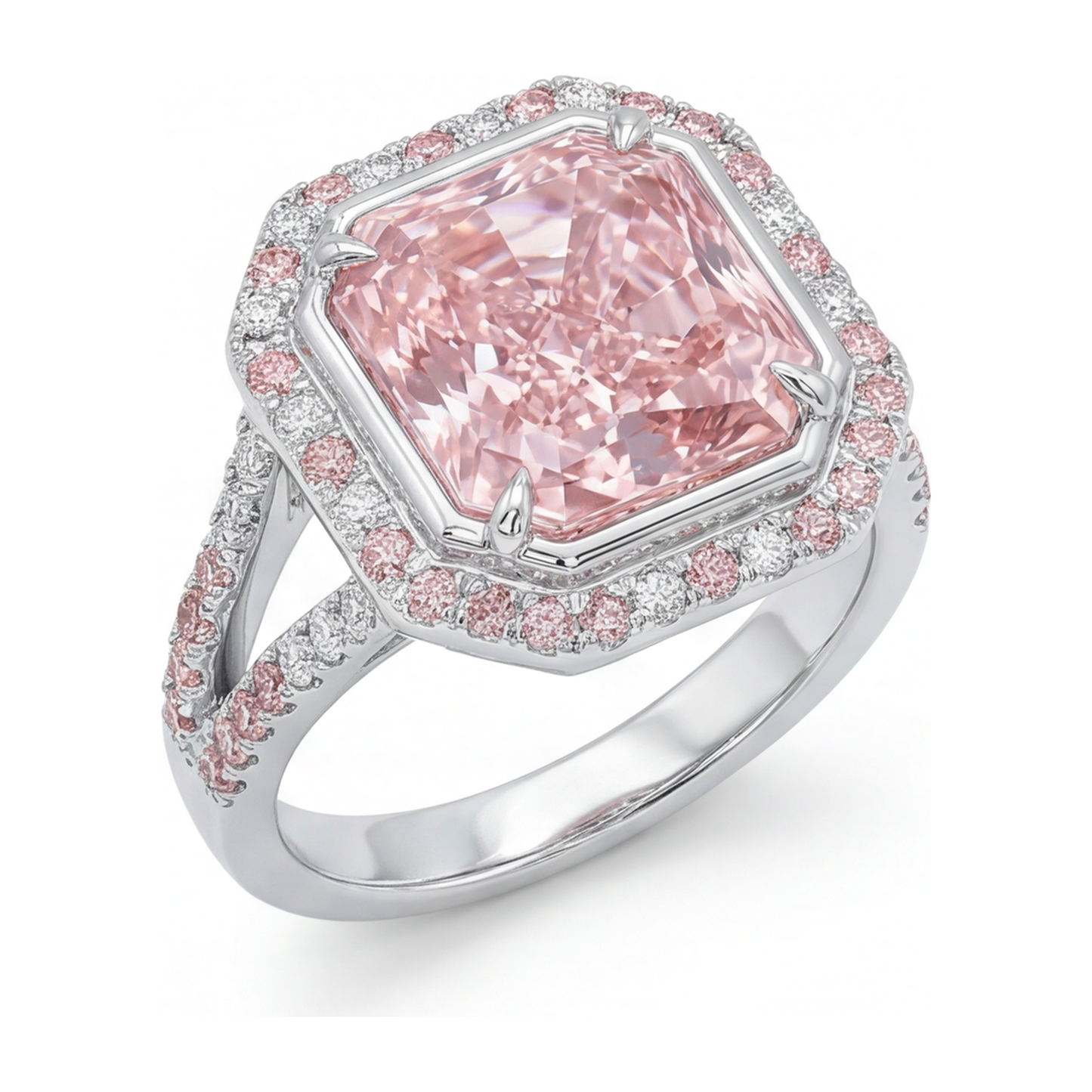 Rosa Verlobungsring, 5,5 Karat, im Labor gezüchteter Diamant im Radiant-Schliff, Halo, geteilte Ringschiene, 14 Karat Weißgold