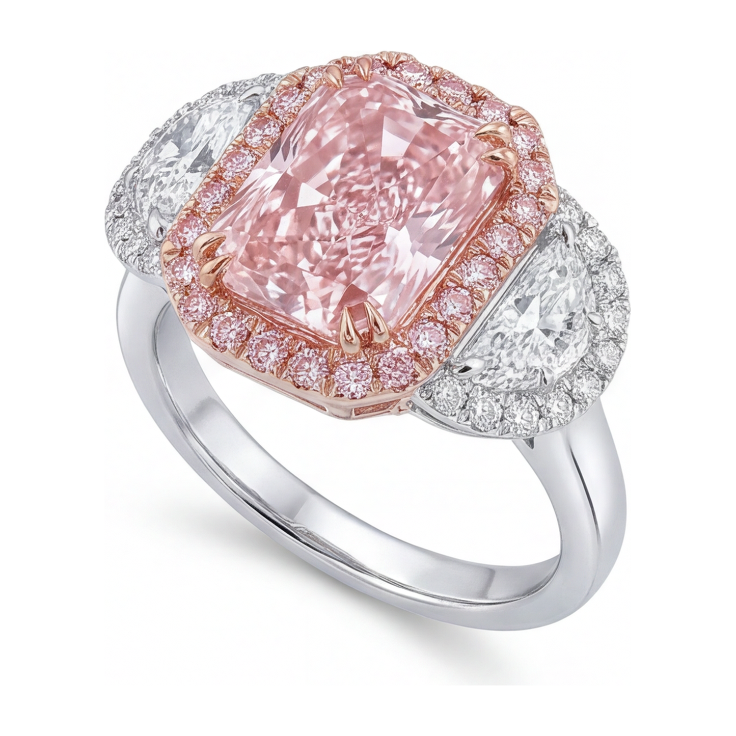 Verlobungsring mit rosa Diamant 5,5 Karat im Labor gezüchtet Radiant-Schliff Halo schlicht 14 Karat Weißgold