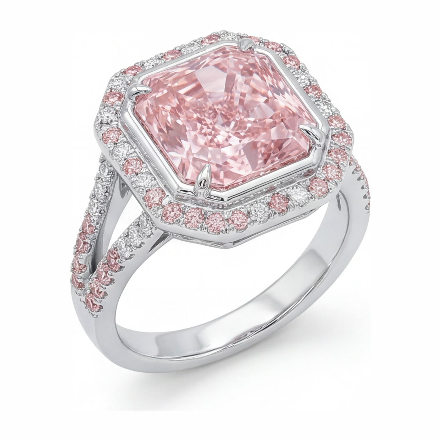 Rosa Verlobungsring, 5,5 Karat, im Labor gezüchteter Diamant im Radiant-Schliff, Halo, geteilte Ringschiene, 14 Karat Weißgold