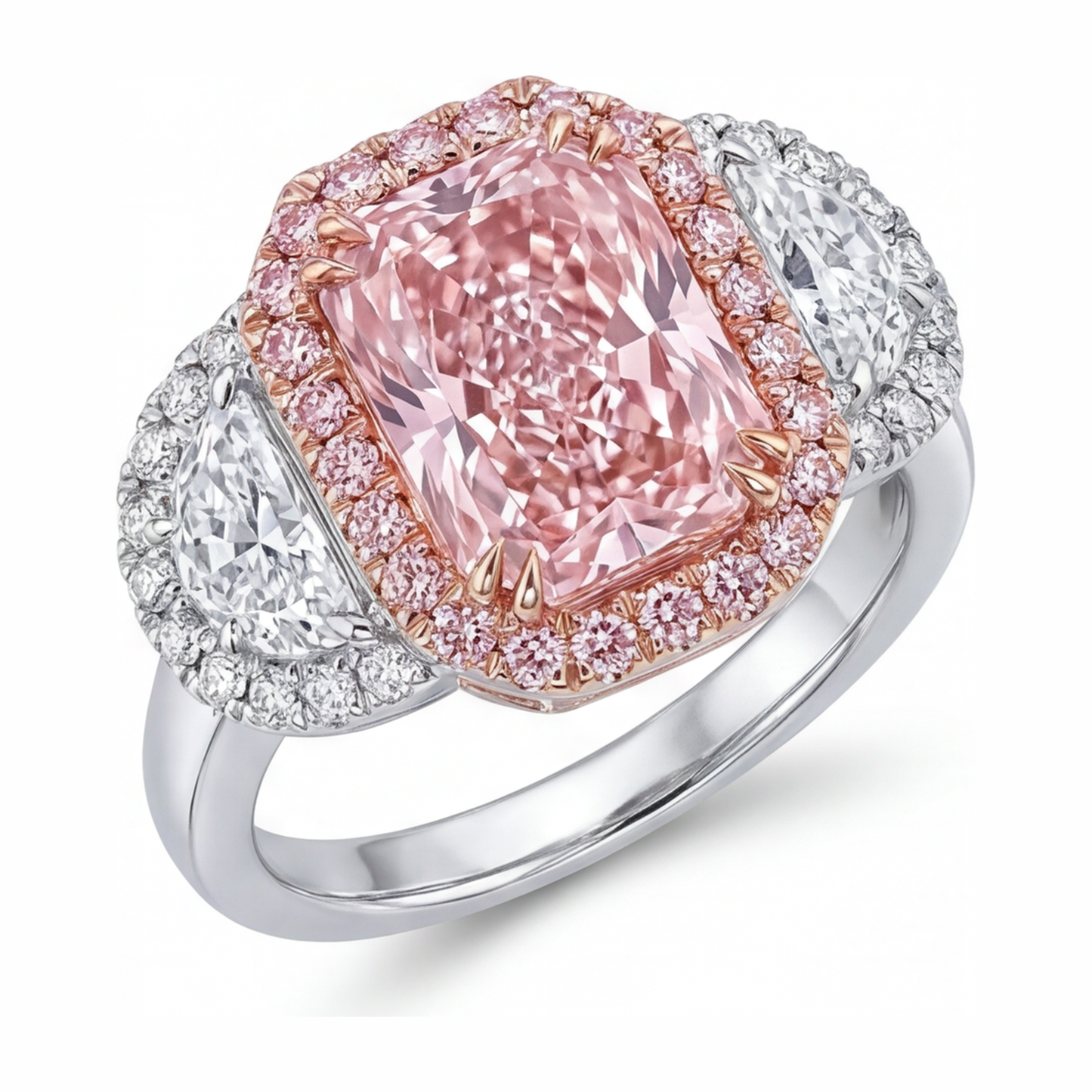 Verlobungsring mit rosa Diamant 5,5 Karat im Labor gezüchtet Radiant-Schliff Halo schlicht 14 Karat Weißgold