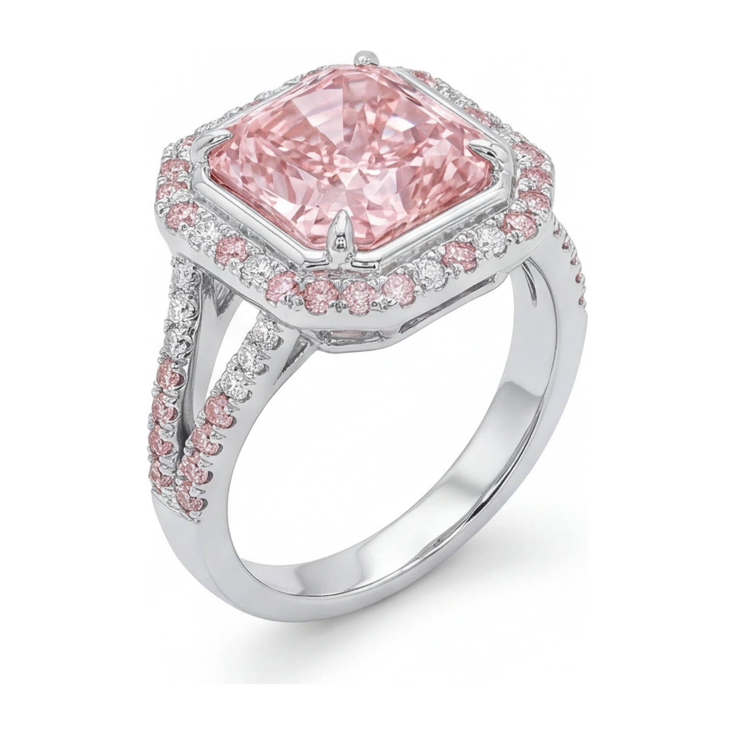 Rosa Verlobungsring, 5,5 Karat, im Labor gezüchteter Diamant im Radiant-Schliff, Halo, geteilte Ringschiene, 14 Karat Weißgold