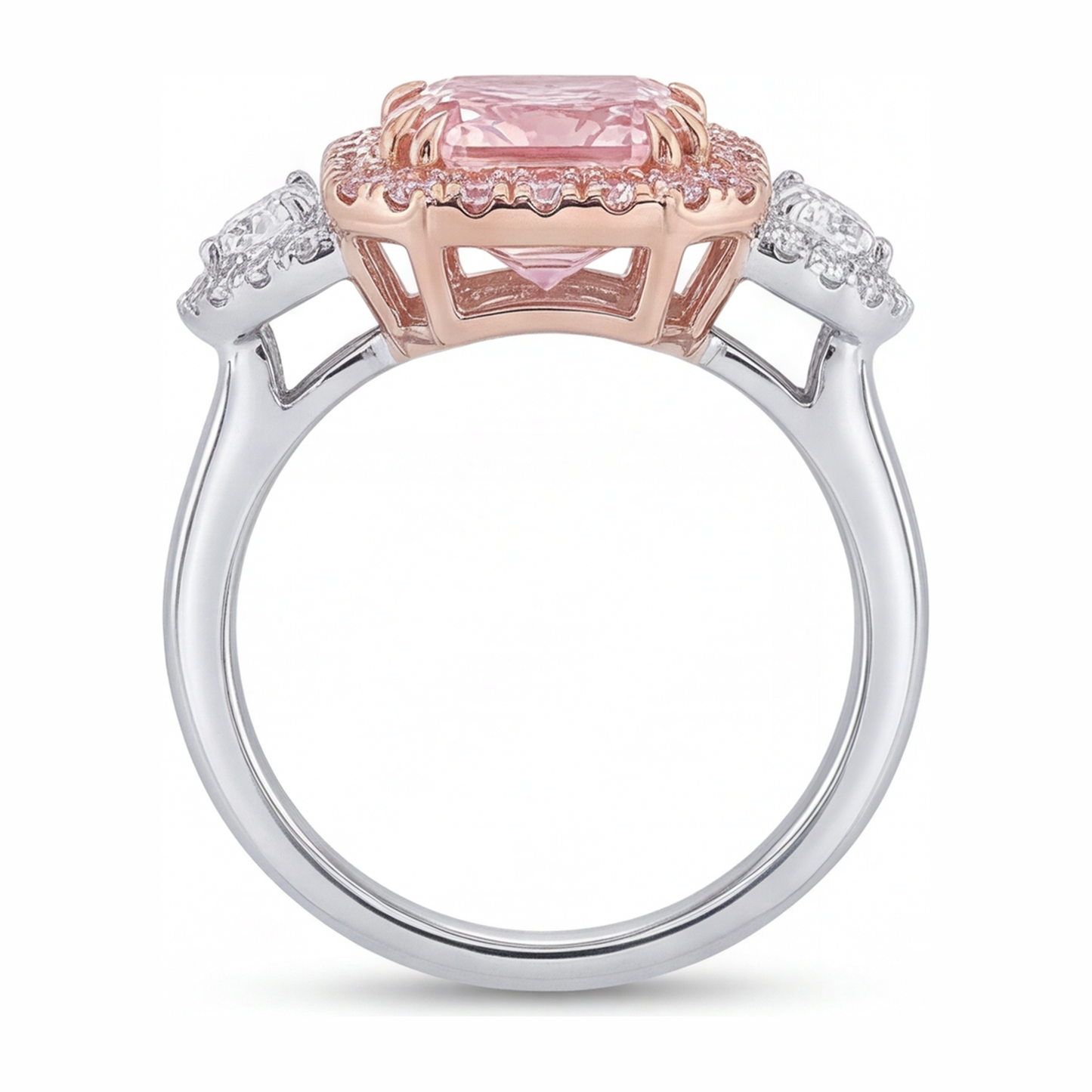 Verlobungsring mit rosa Diamant 5,5 Karat im Labor gezüchtet Radiant-Schliff Halo schlicht 14 Karat Weißgold