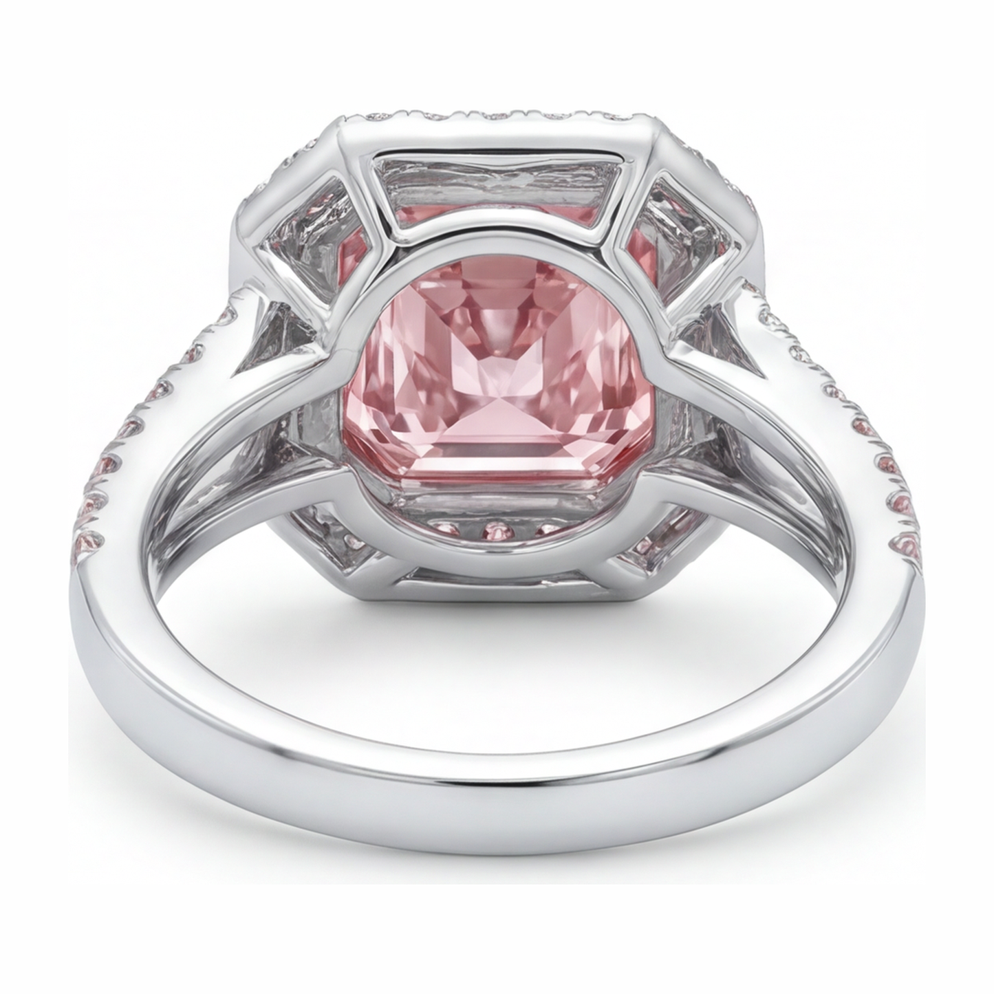 Rosa Verlobungsring, 5,5 Karat, im Labor gezüchteter Diamant im Radiant-Schliff, Halo, geteilte Ringschiene, 14 Karat Weißgold