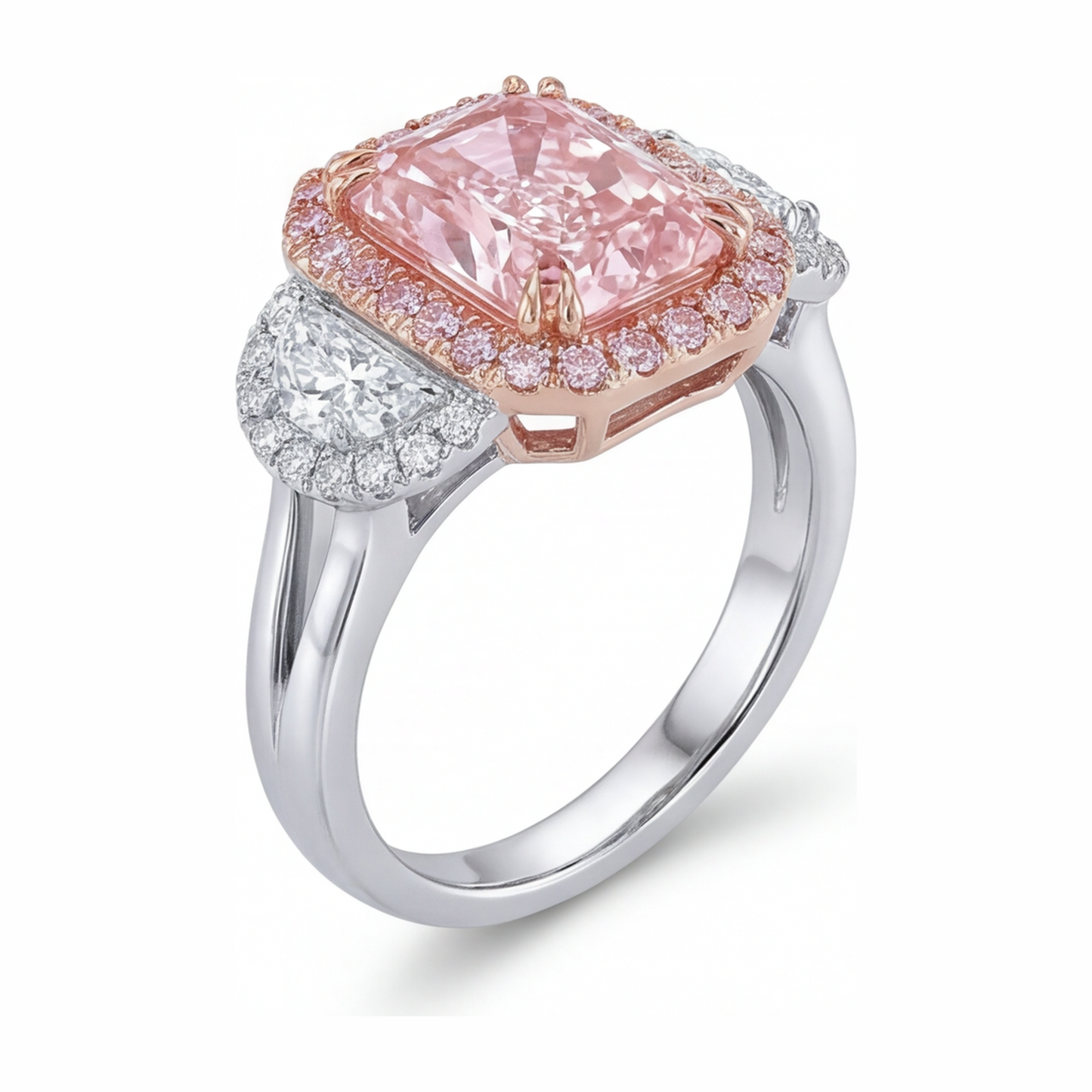 Verlobungsring mit rosa Diamant 5,5 Karat im Labor gezüchtet Radiant-Schliff Halo schlicht 14 Karat Weißgold