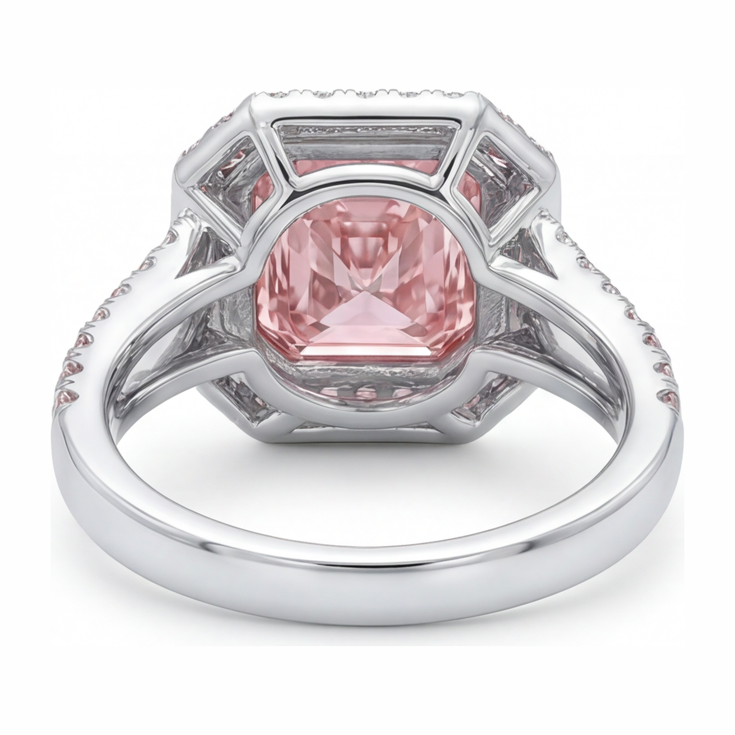 Rosa Verlobungsring, 5,5 Karat, im Labor gezüchteter Diamant im Radiant-Schliff, Halo, geteilte Ringschiene, 14 Karat Weißgold