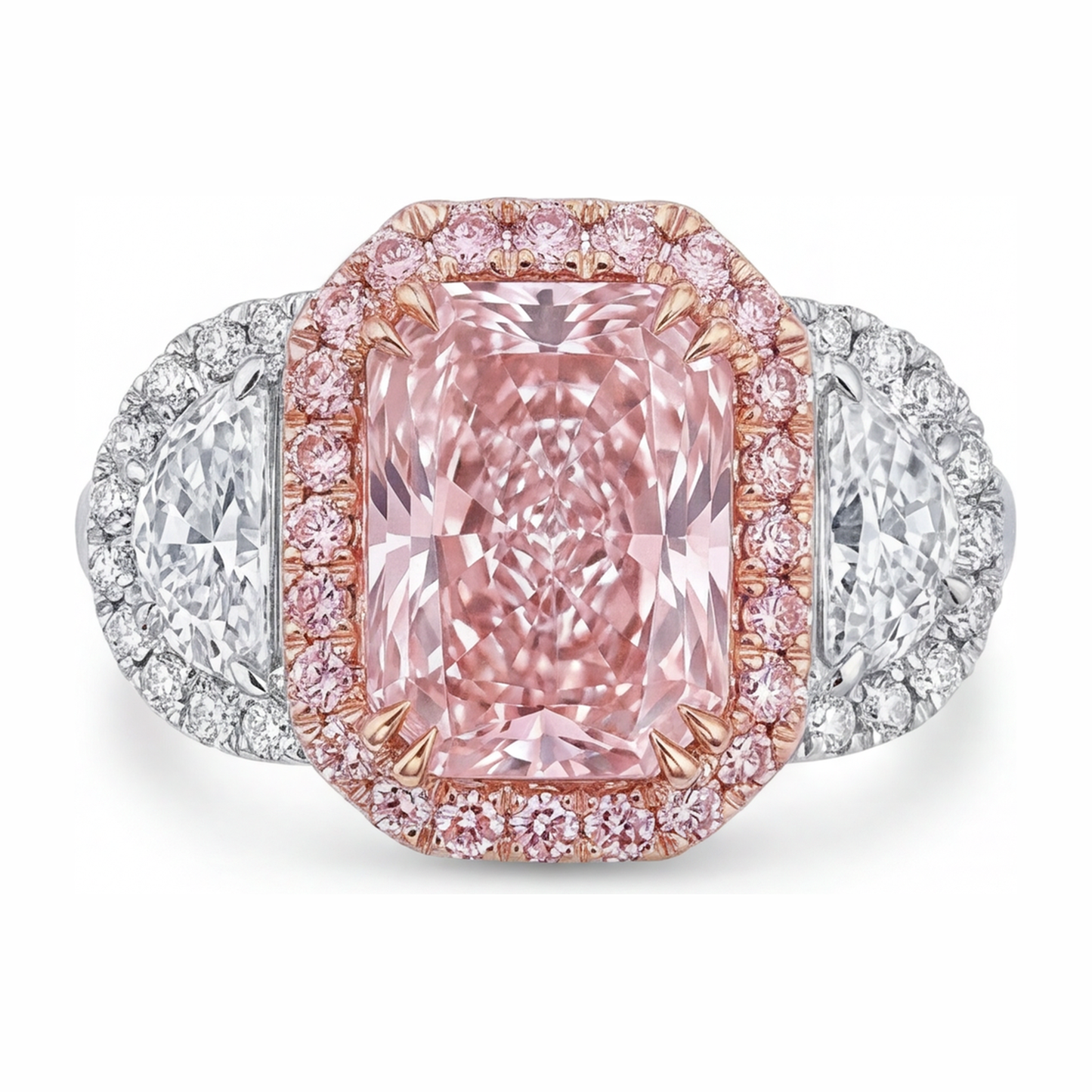 Verlobungsring mit rosa Diamant 5,5 Karat im Labor gezüchtet Radiant-Schliff Halo schlicht 14 Karat Weißgold