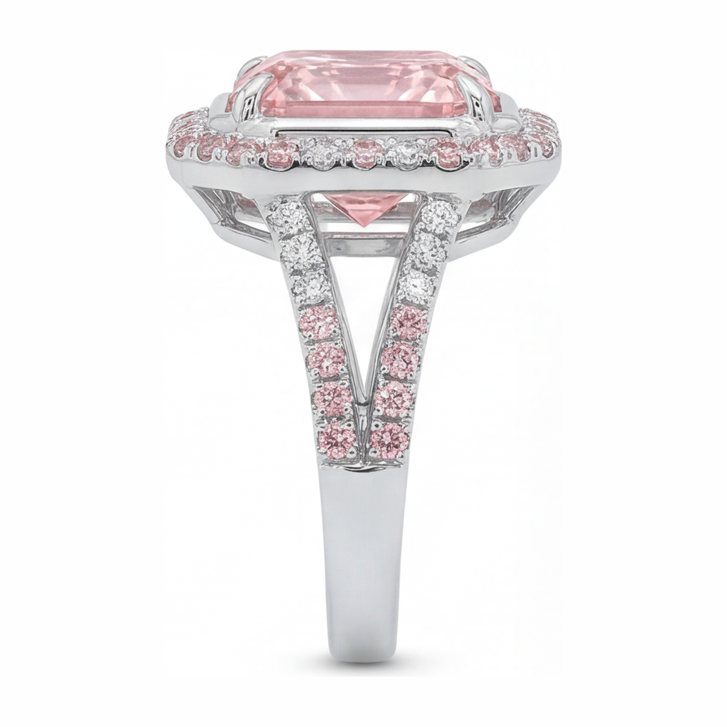 Rosa Verlobungsring, 5,5 Karat, im Labor gezüchteter Diamant im Radiant-Schliff, Halo, geteilte Ringschiene, 14 Karat Weißgold