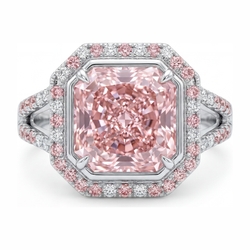 Rosa Verlobungsring, 5,5 Karat, im Labor gezüchteter Diamant im Radiant-Schliff, Halo, geteilte Ringschiene, 14 Karat Weißgold