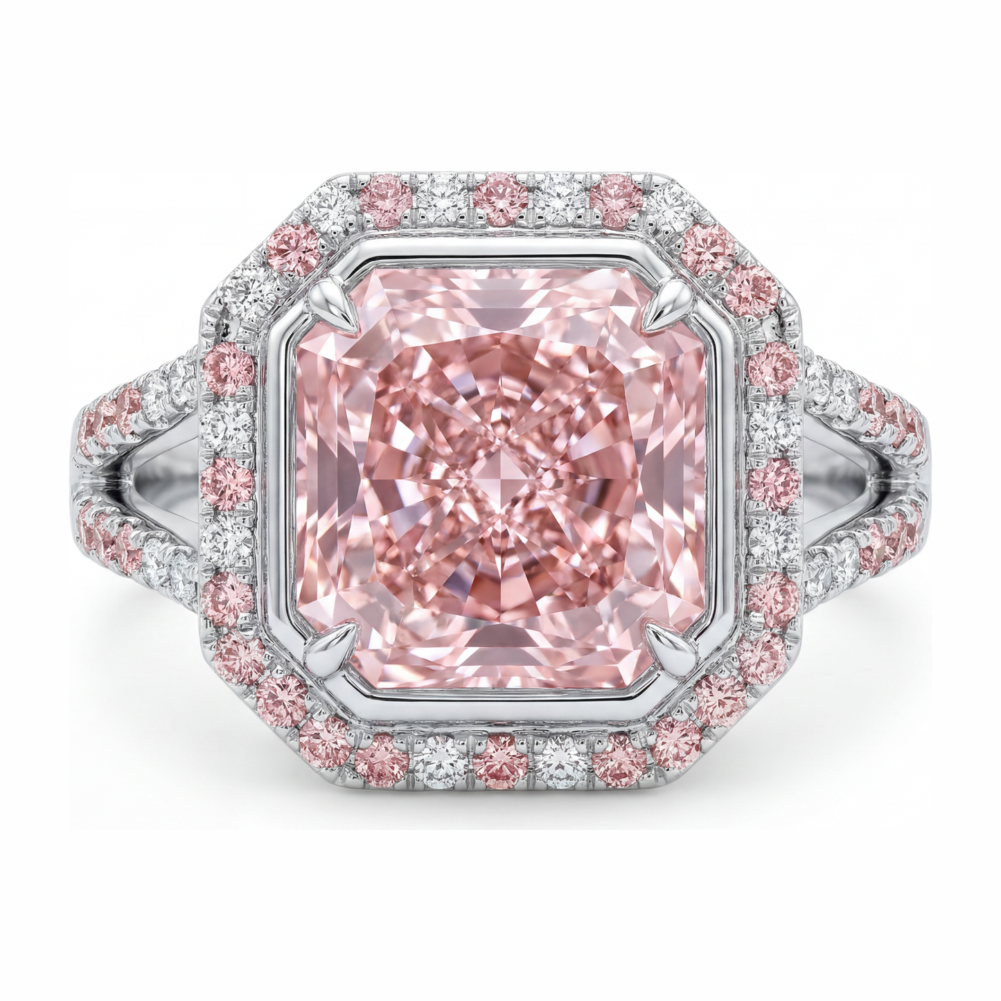 Rosa Verlobungsring, 5,5 Karat, im Labor gezüchteter Diamant im Radiant-Schliff, Halo, geteilte Ringschiene, 14 Karat Weißgold