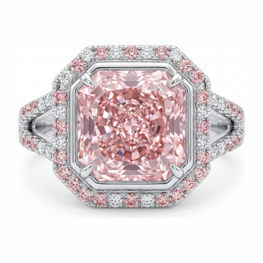 Rosa Verlobungsring, 5,5 Karat, im Labor gezüchteter Diamant im Radiant-Schliff, Halo, geteilte Ringschiene, 14 Karat Weißgold
