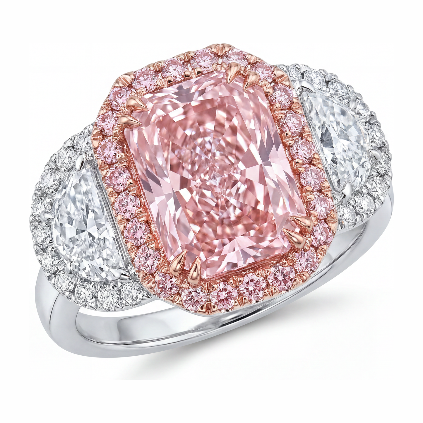 Verlobungsring mit rosa Diamant 5,5 Karat im Labor gezüchtet Radiant-Schliff Halo schlicht 14 Karat Weißgold