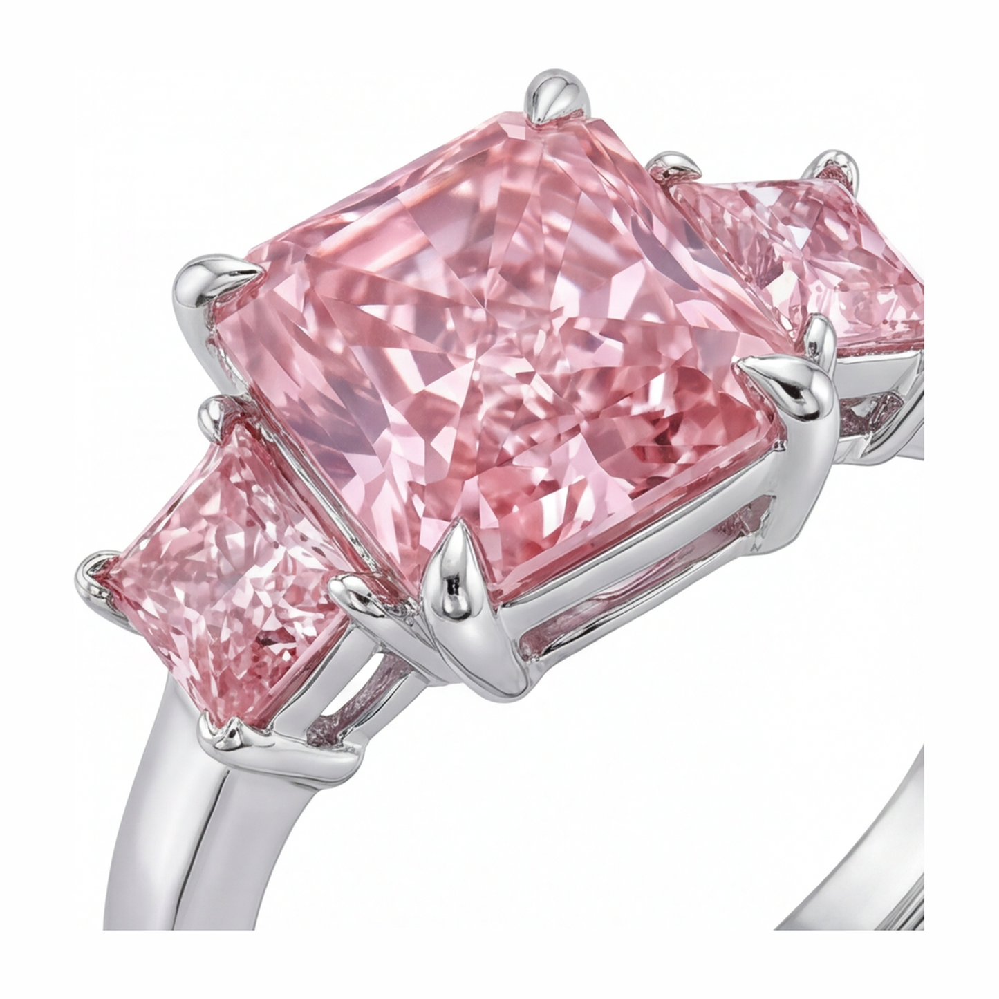 Verlobungsring mit rosa Diamant, 5,5 Karat, im Labor gezüchtet, Radiant-Schliff, Drei Steine, schlicht, 14 Karat Weißgold