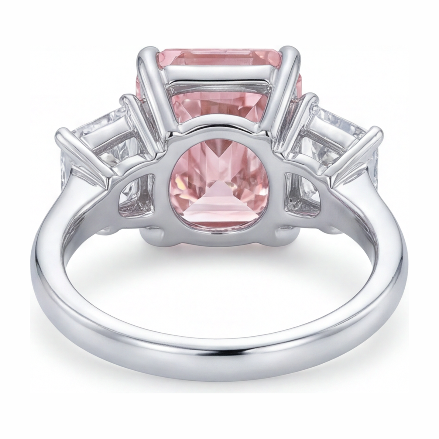 Verlobungsring mit rosa Stein, 5,5 Karat, im Labor gezüchtet, Diamant im Radiant-Schliff, Drei-Stein-Kathedralfassung, 14 Karat Weißgold
