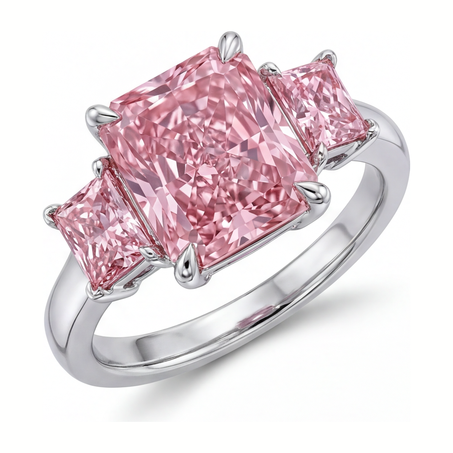 Verlobungsring mit rosa Diamant, 5,5 Karat, im Labor gezüchtet, Radiant-Schliff, Drei Steine, schlicht, 14 Karat Weißgold