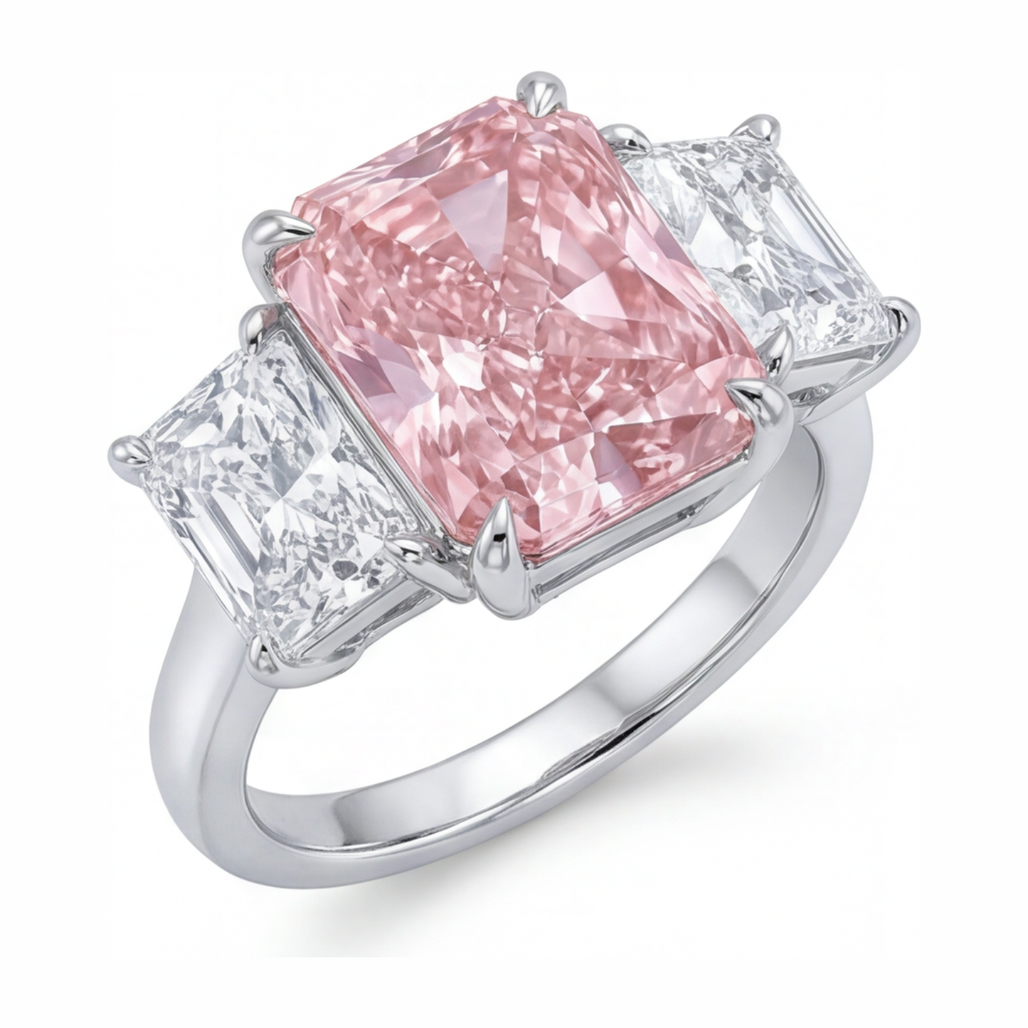 Verlobungsring mit rosa Stein, 5,5 Karat, im Labor gezüchtet, Diamant im Radiant-Schliff, Drei-Stein-Kathedralfassung, 14 Karat Weißgold