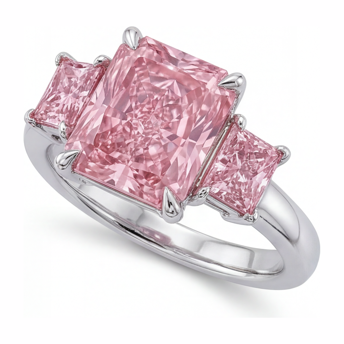 Verlobungsring mit rosa Diamant, 5,5 Karat, im Labor gezüchtet, Radiant-Schliff, Drei Steine, schlicht, 14 Karat Weißgold