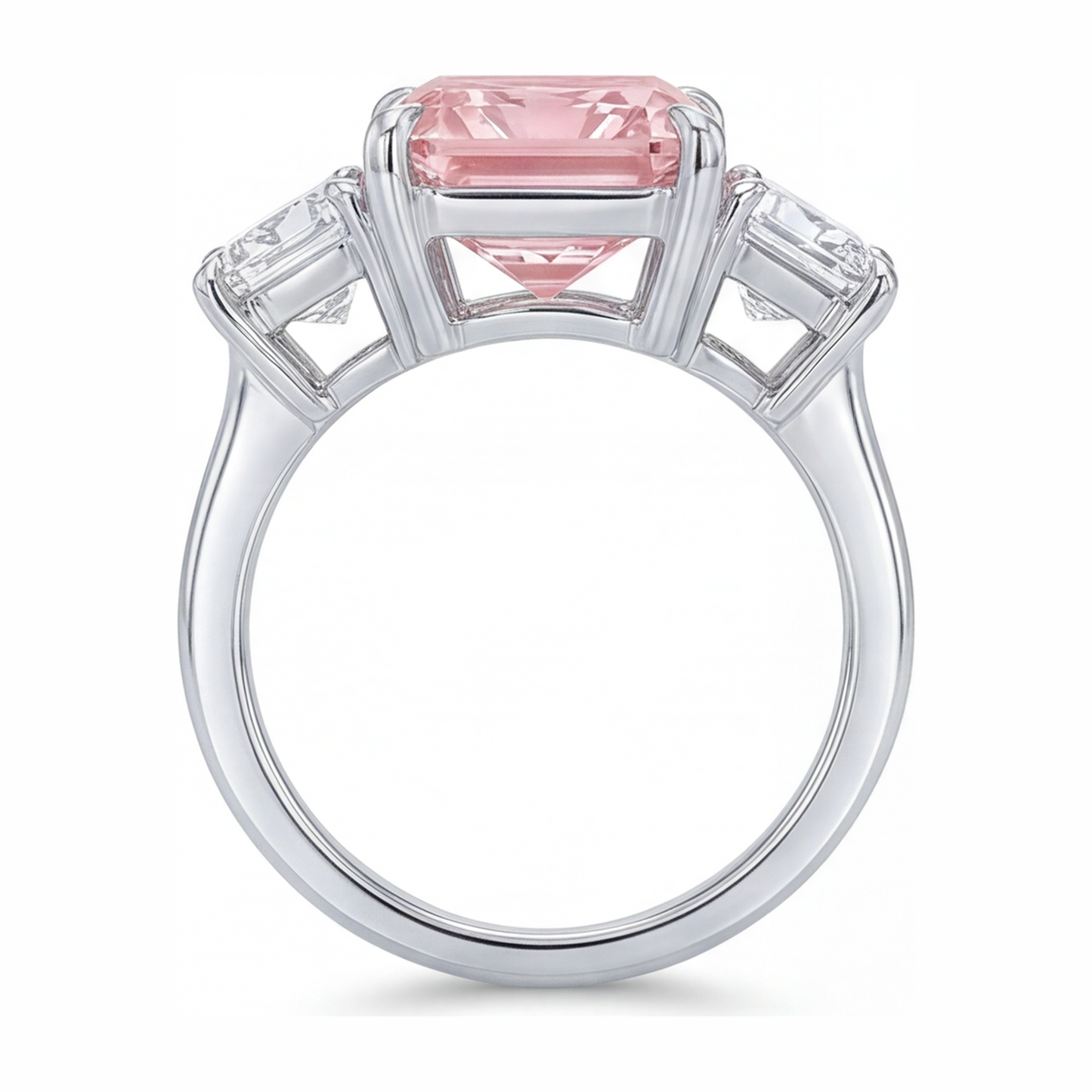 Verlobungsring mit rosa Stein, 5,5 Karat, im Labor gezüchtet, Diamant im Radiant-Schliff, Drei-Stein-Kathedralfassung, 14 Karat Weißgold