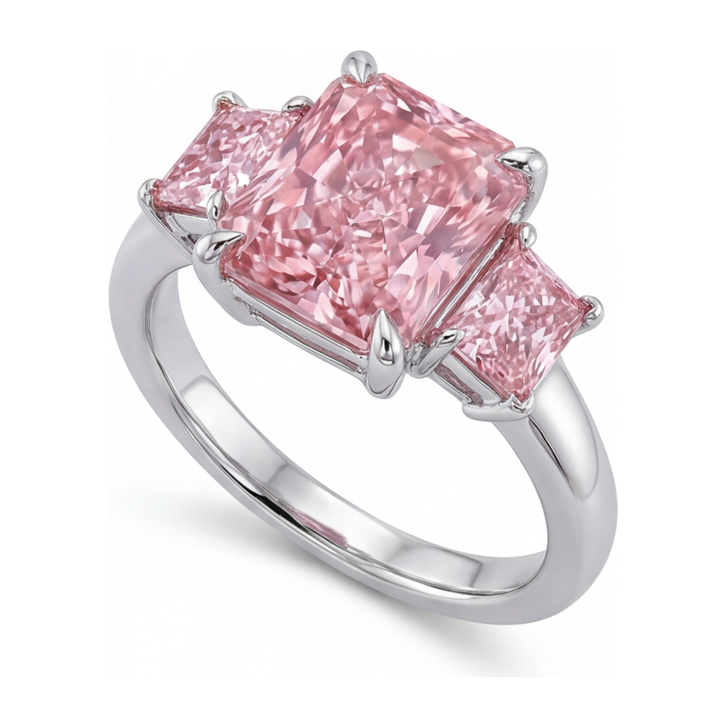 Verlobungsring mit rosa Diamant, 5,5 Karat, im Labor gezüchtet, Radiant-Schliff, Drei Steine, schlicht, 14 Karat Weißgold