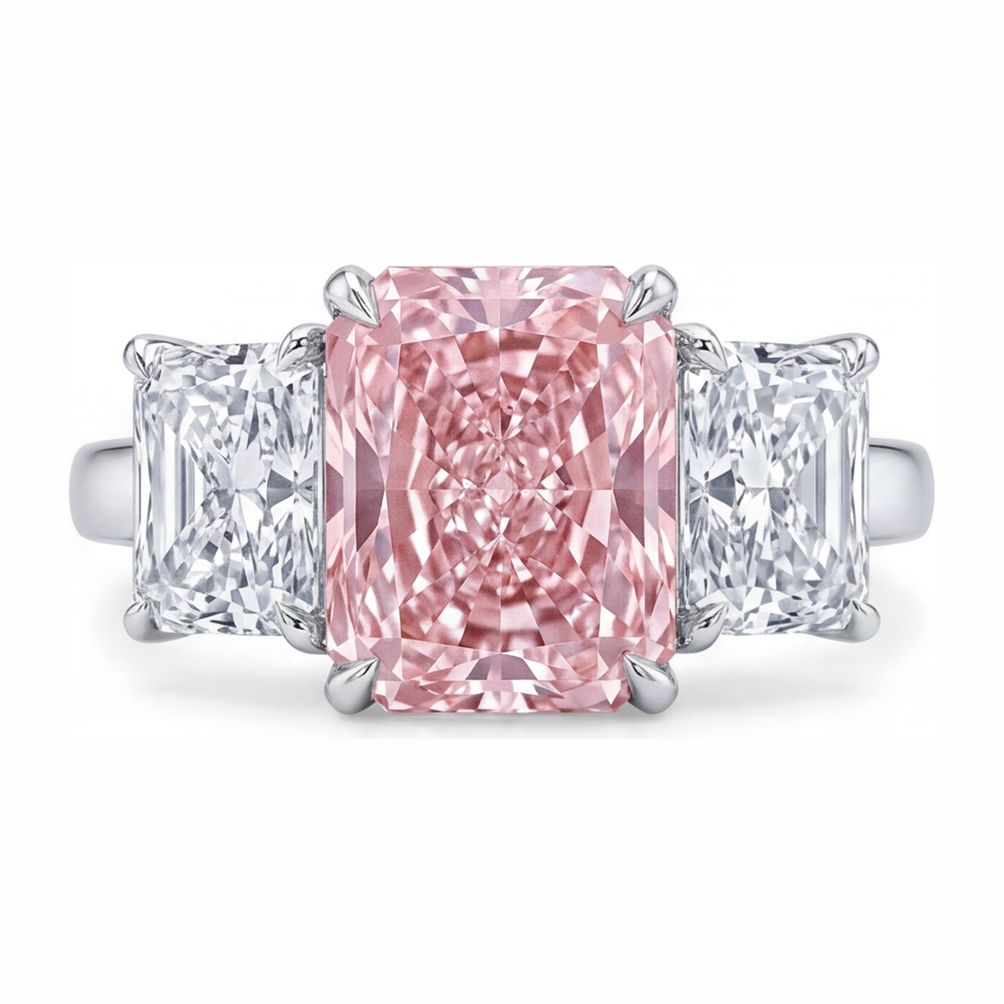 Verlobungsring mit rosa Stein, 5,5 Karat, im Labor gezüchtet, Diamant im Radiant-Schliff, Drei-Stein-Kathedralfassung, 14 Karat Weißgold