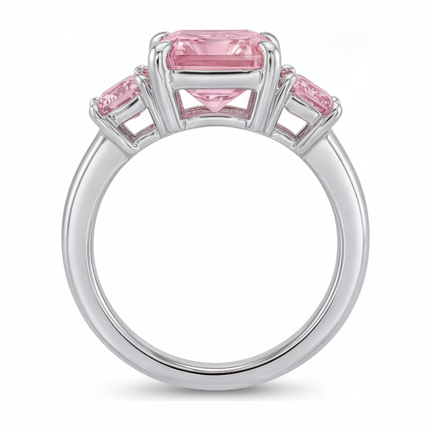 Verlobungsring mit rosa Diamant, 5,5 Karat, im Labor gezüchtet, Radiant-Schliff, Drei Steine, schlicht, 14 Karat Weißgold