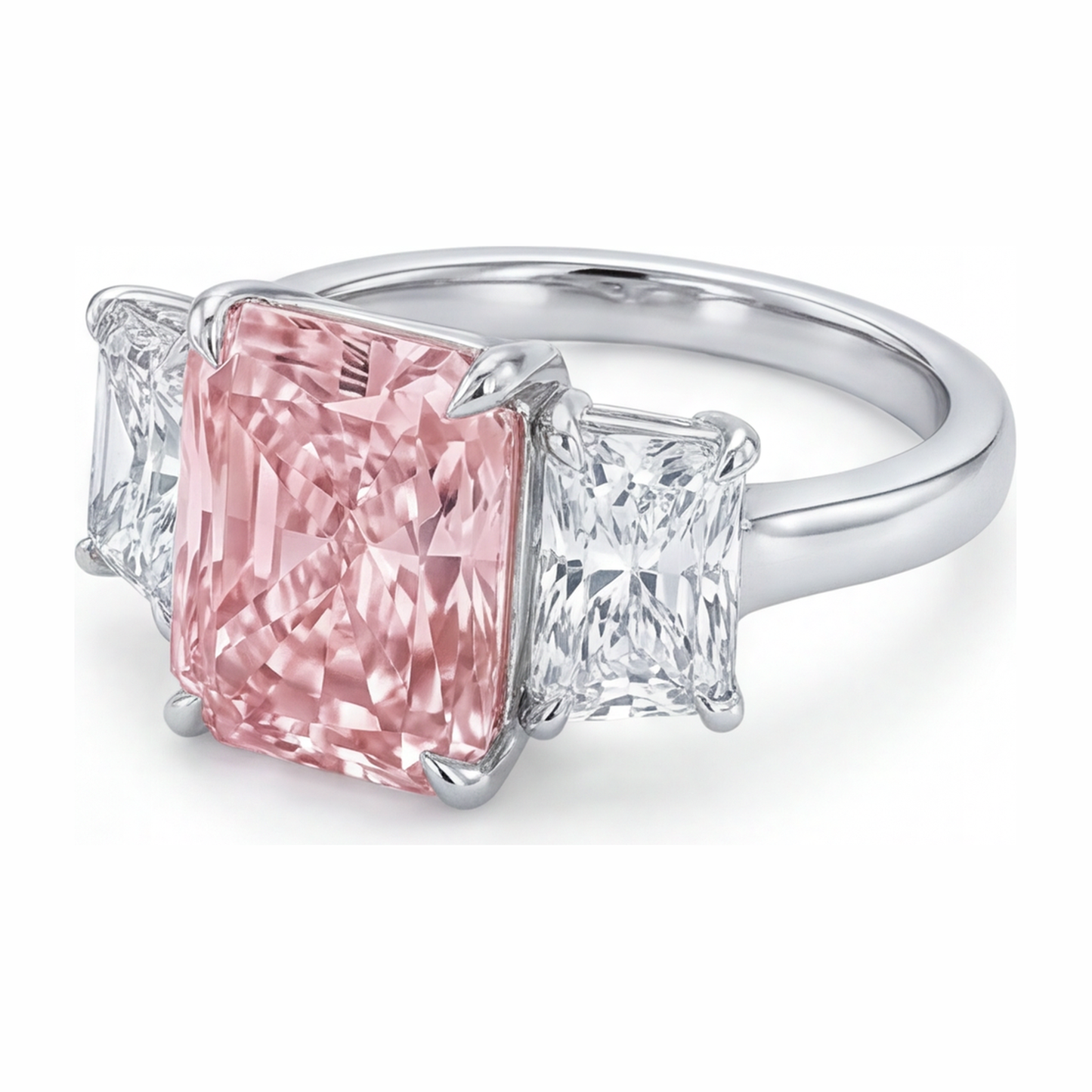Verlobungsring mit rosa Stein, 5,5 Karat, im Labor gezüchtet, Diamant im Radiant-Schliff, Drei-Stein-Kathedralfassung, 14 Karat Weißgold