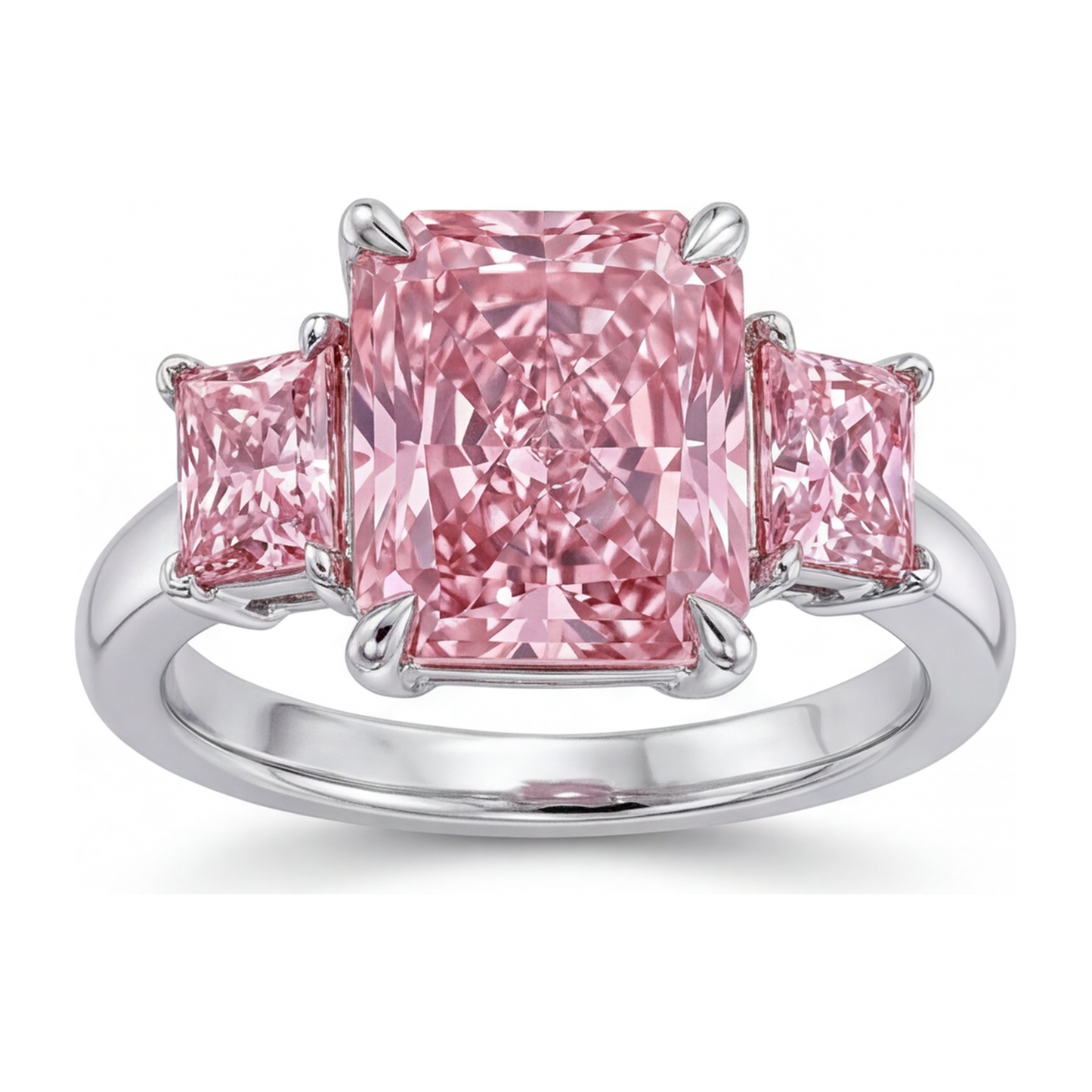 Verlobungsring mit rosa Diamant, 5,5 Karat, im Labor gezüchtet, Radiant-Schliff, Drei Steine, schlicht, 14 Karat Weißgold
