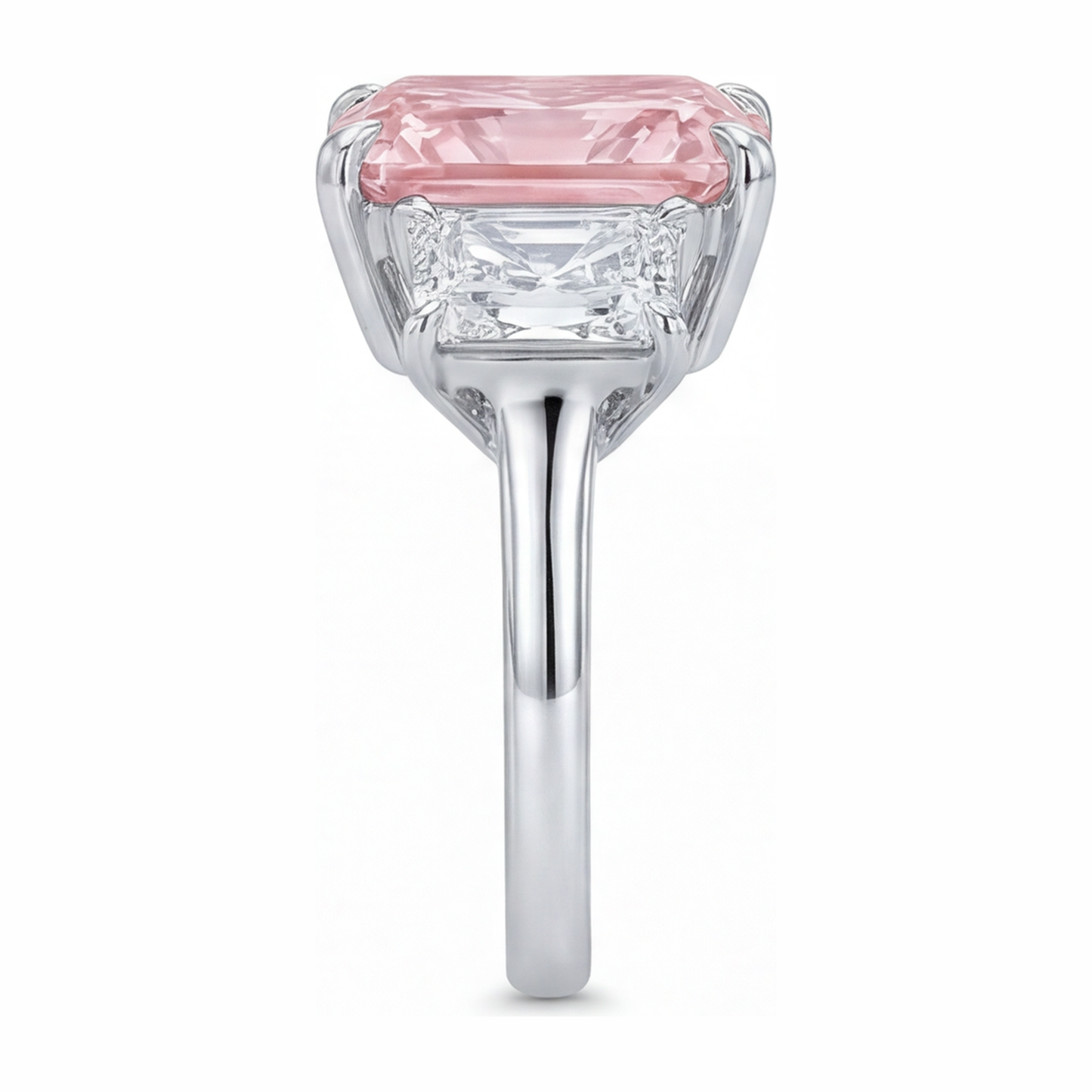 Verlobungsring mit rosa Stein, 5,5 Karat, im Labor gezüchtet, Diamant im Radiant-Schliff, Drei-Stein-Kathedralfassung, 14 Karat Weißgold