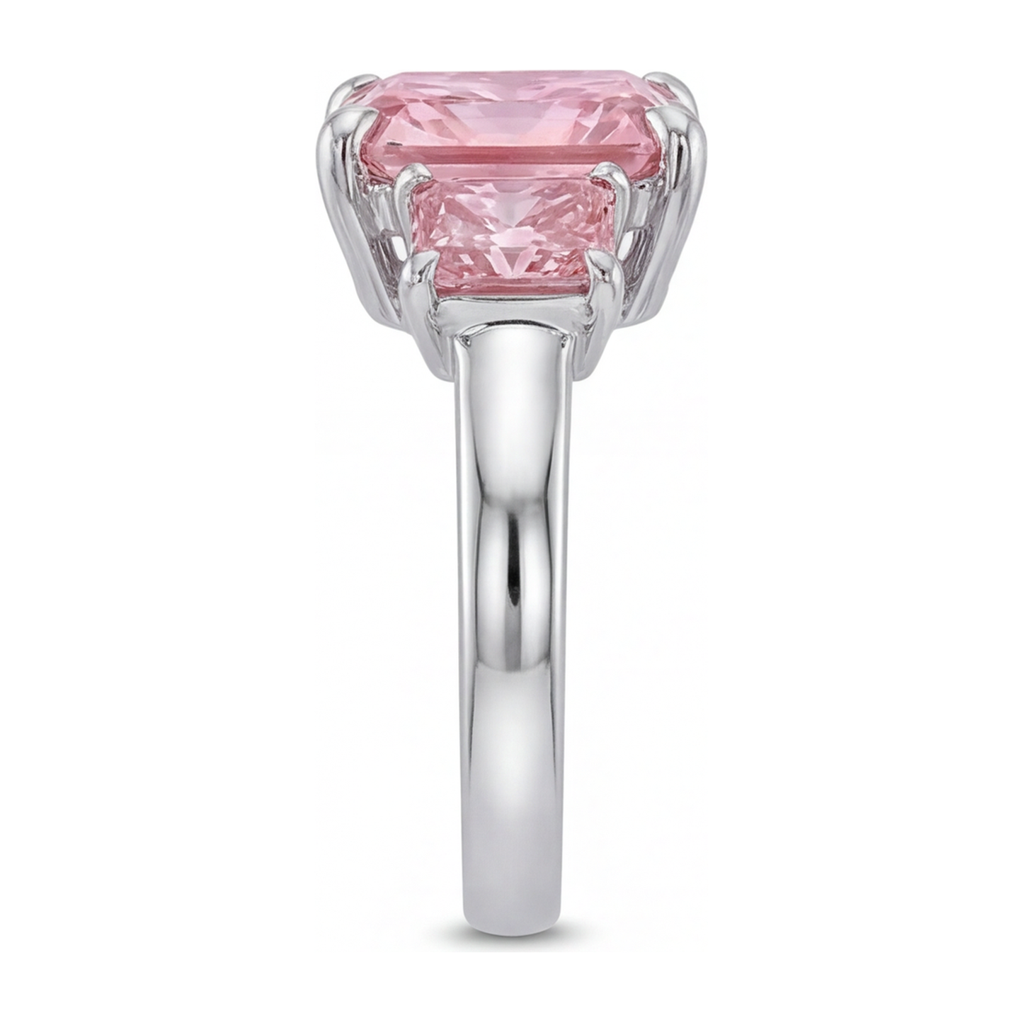 Verlobungsring mit rosa Diamant, 5,5 Karat, im Labor gezüchtet, Radiant-Schliff, Drei Steine, schlicht, 14 Karat Weißgold