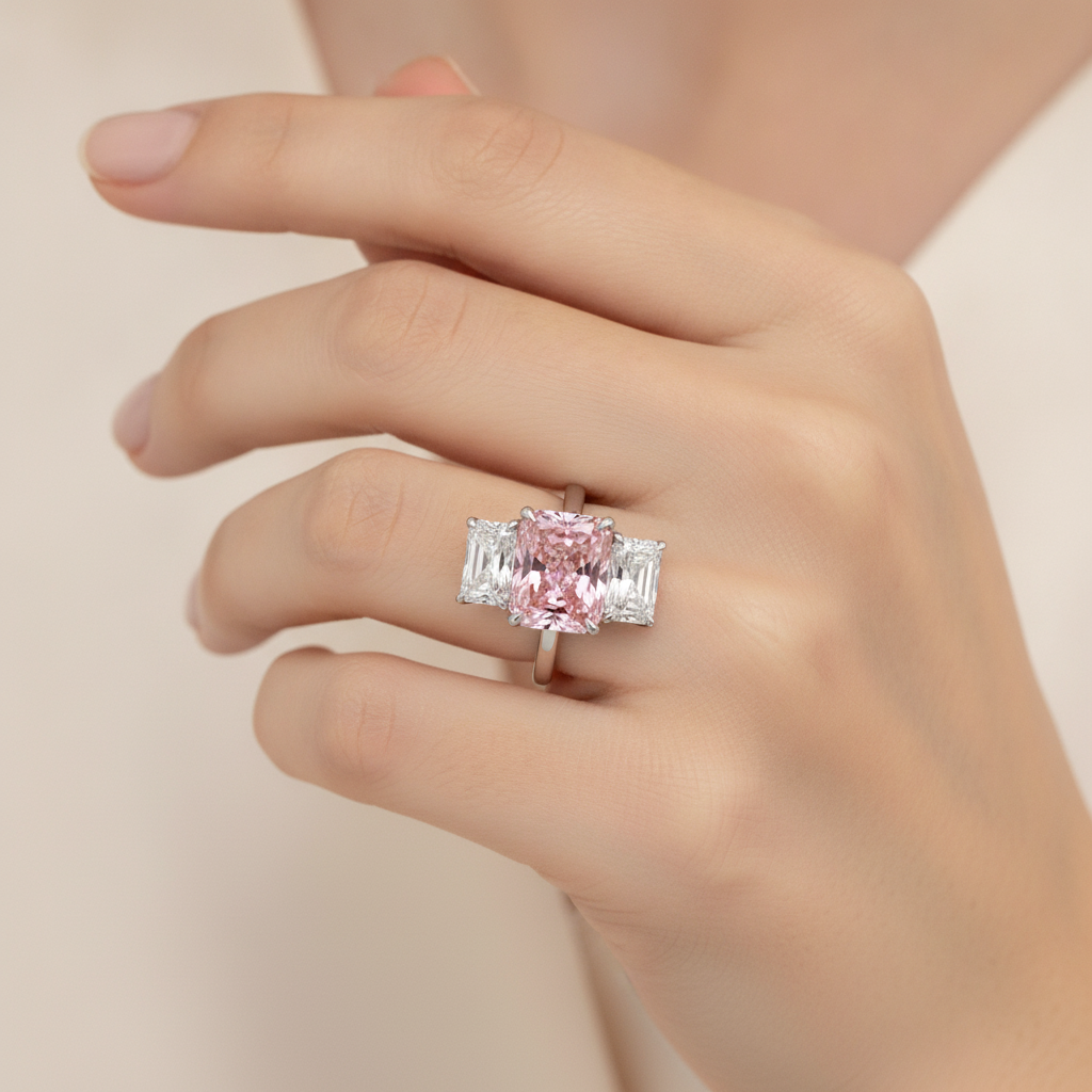 Verlobungsring mit rosa Stein, 5,5 Karat, im Labor gezüchtet, Diamant im Radiant-Schliff, Drei-Stein-Kathedralfassung, 14 Karat Weißgold