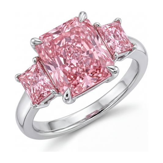 Verlobungsring mit rosa Diamant, 5,5 Karat, im Labor gezüchtet, Radiant-Schliff, Drei Steine, schlicht, 14 Karat Weißgold