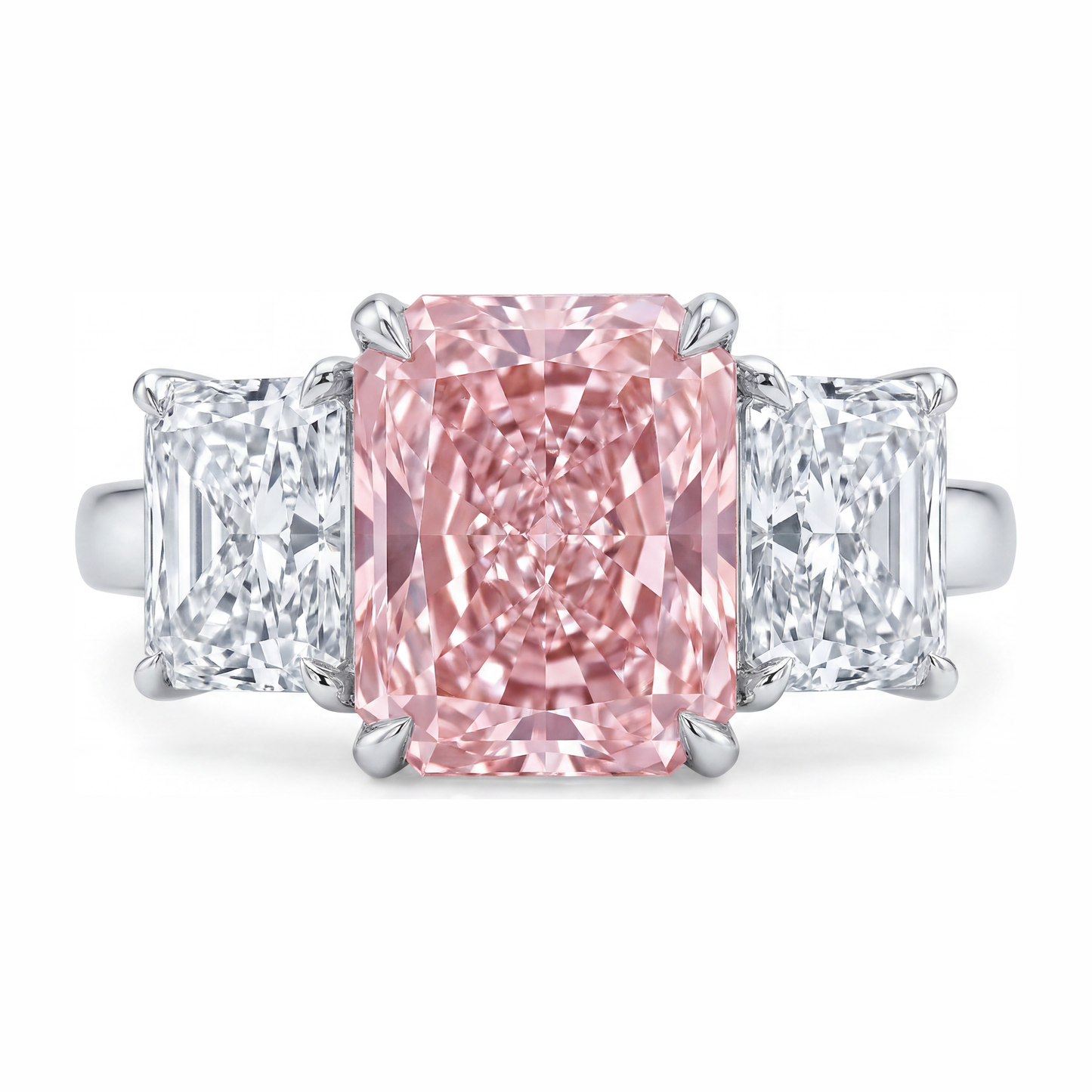Verlobungsring mit rosa Stein, 5,5 Karat, im Labor gezüchtet, Diamant im Radiant-Schliff, Drei-Stein-Kathedralfassung, 14 Karat Weißgold